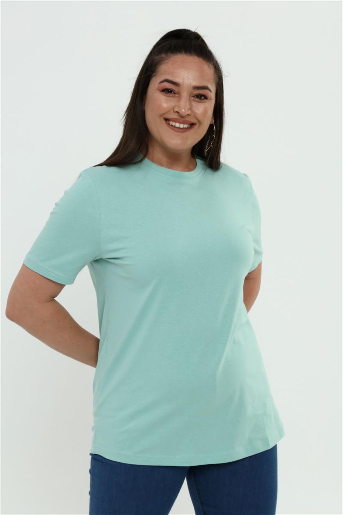 Tshirt Büyük Beden Bisiklet Yaka Basic T-Shirt Mint Yeşili