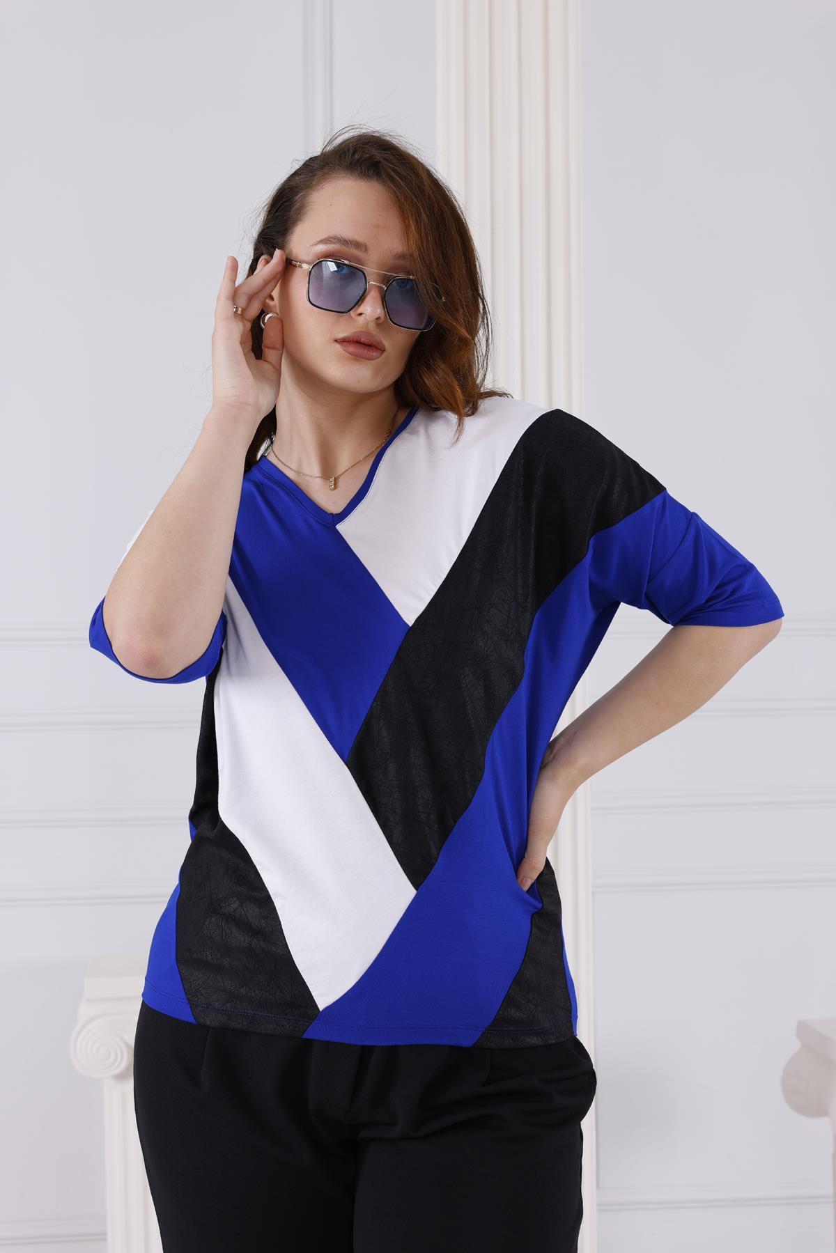 Tshirt Büyük Beden Blok Geçişli Oversize Bluz