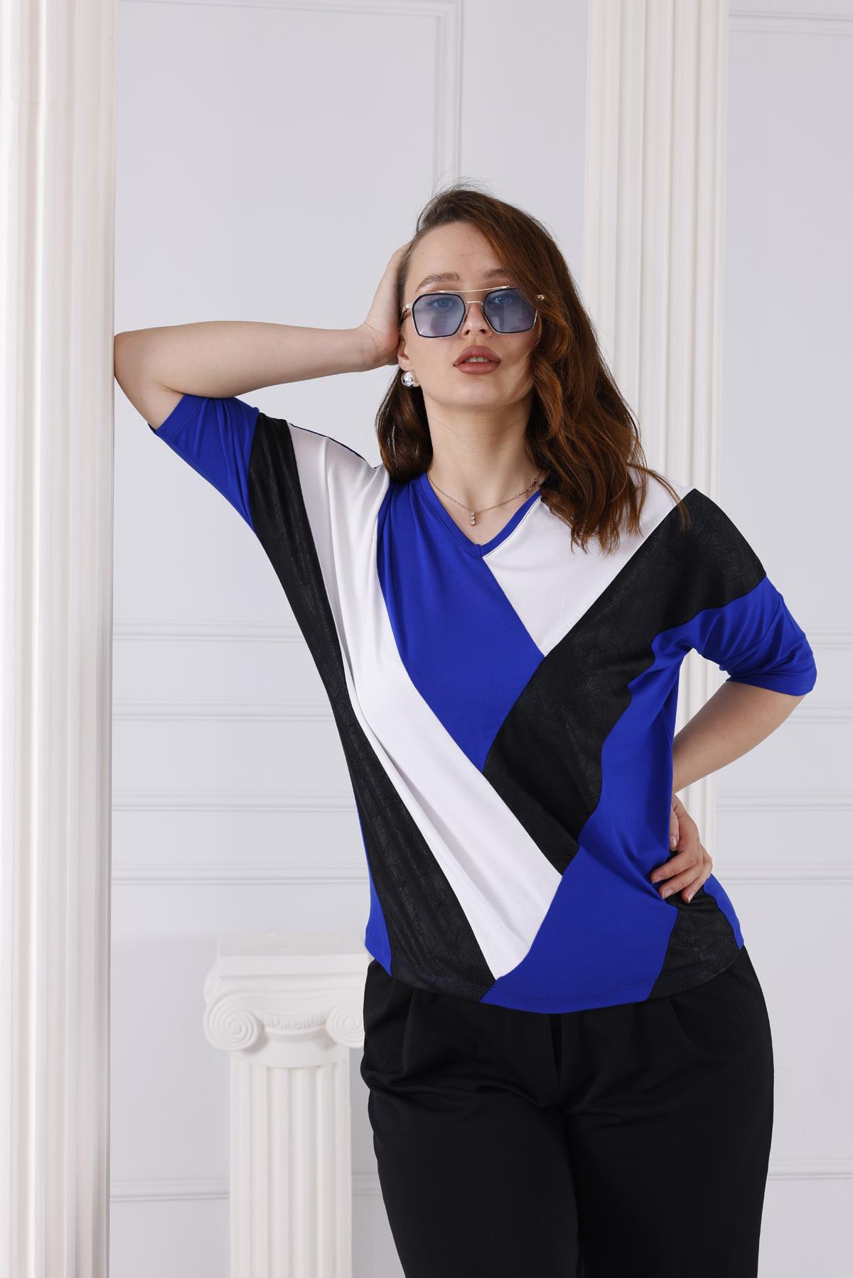 Tshirt Büyük Beden Blok Geçişli Oversize Bluz