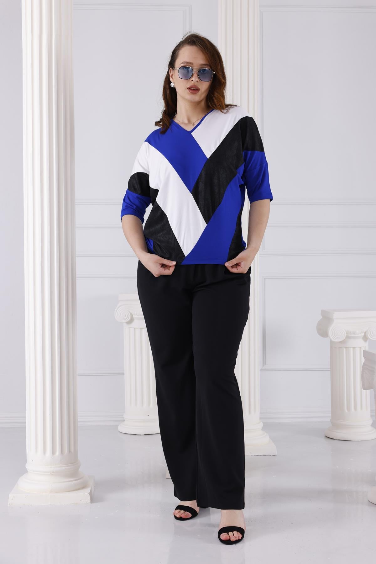 Tshirt Büyük Beden Blok Geçişli Oversize Bluz