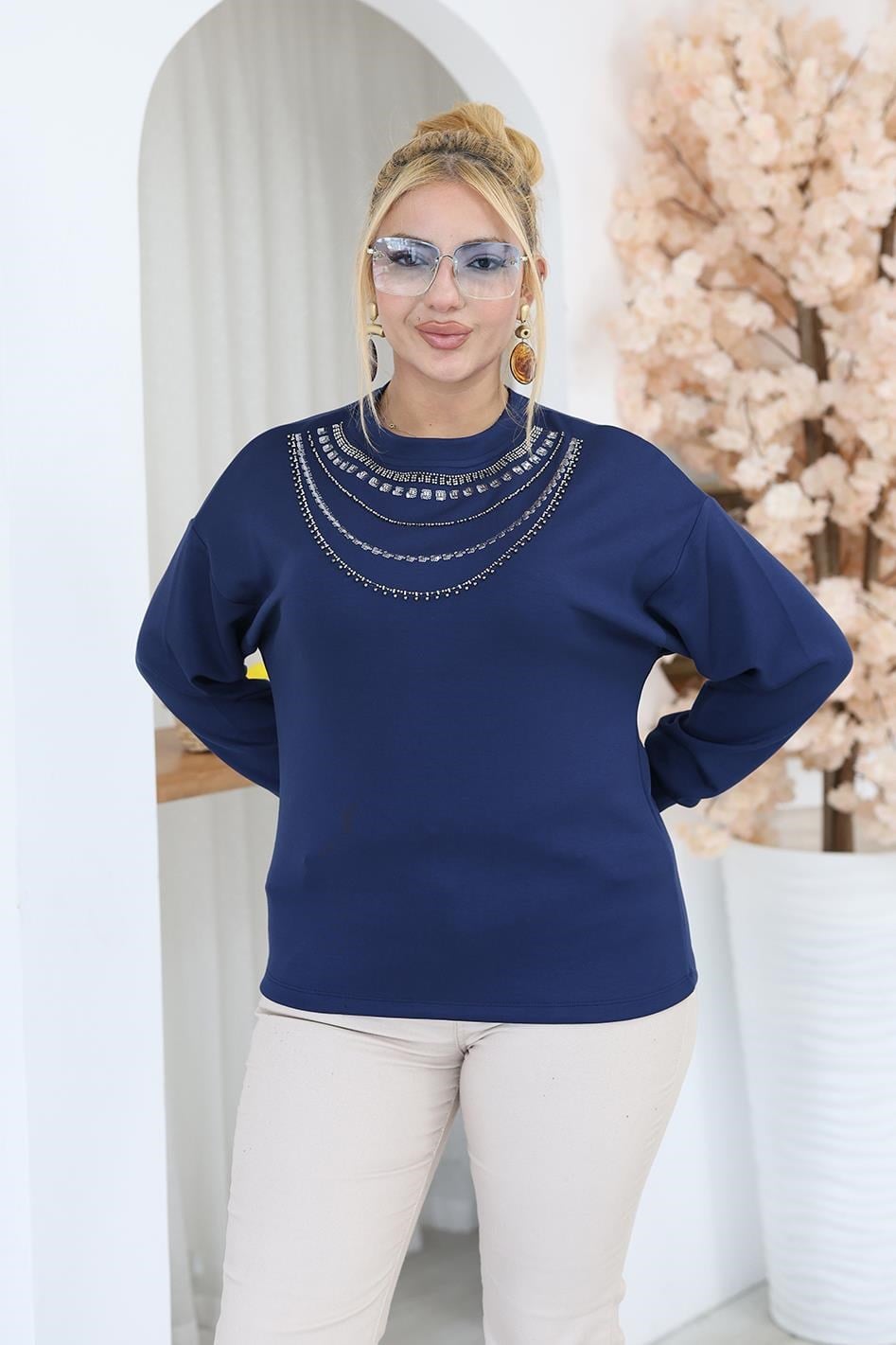 Uzun Kol Bluz Büyük Beden Boncuk İşlemeli Modal Kumaş Bluz