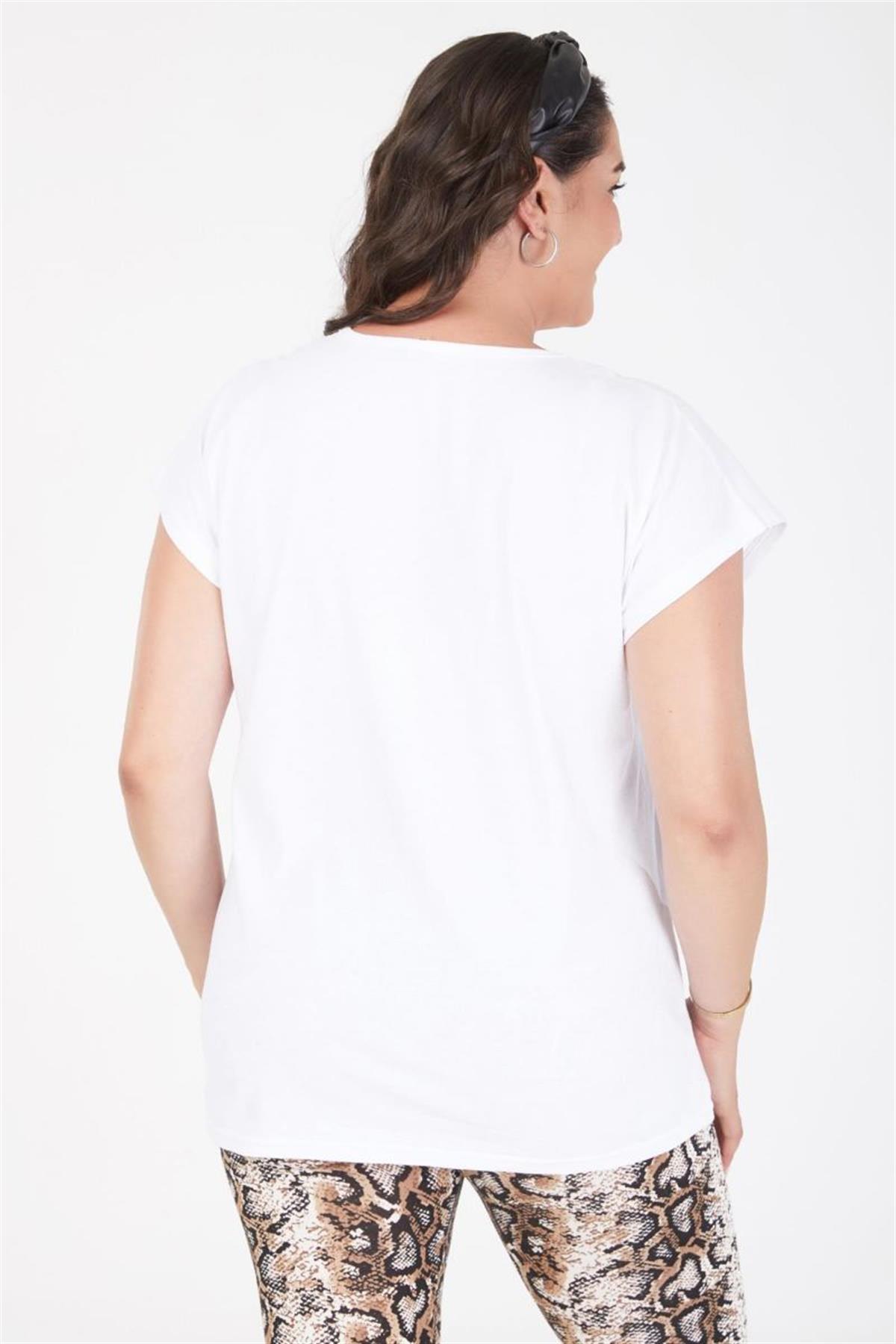 Tshirt Büyük Beden Bonjour Baskılı Yarasa Kol T-Shirt Beyaz