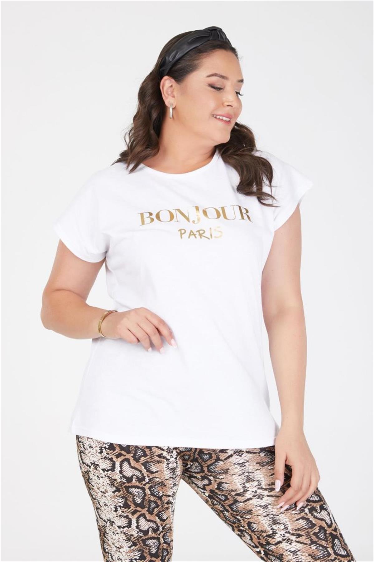 Tshirt Büyük Beden Bonjour Baskılı Yarasa Kol T-Shirt Beyaz