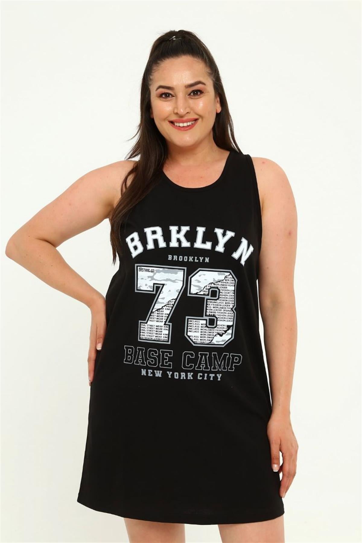 Tshirt Büyük Beden Brklyn Baskılı Kolsuz Tunik T-Shirt Siyah