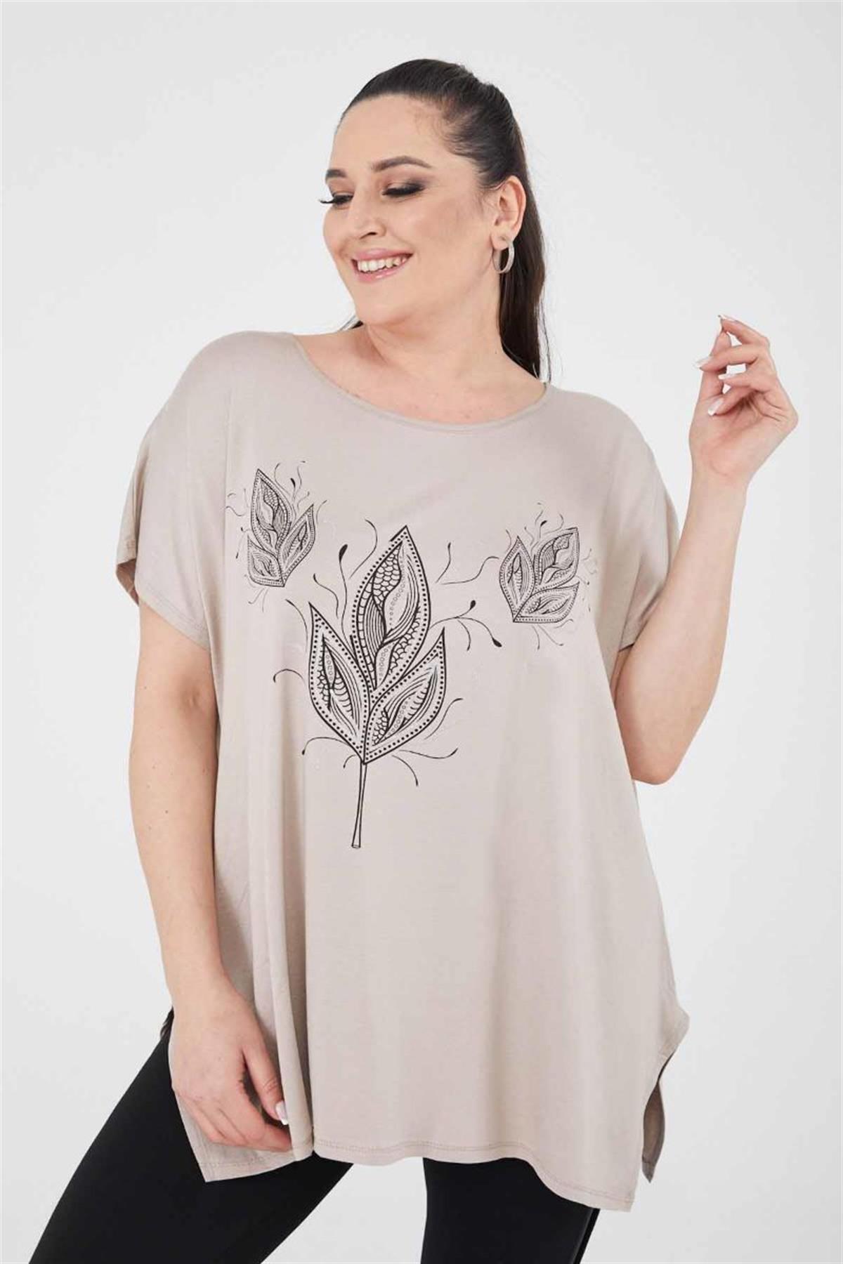 Tshirt Büyük Beden Buğday Baskılı Oversize Pamuklu Likralı T-Shirt Bej