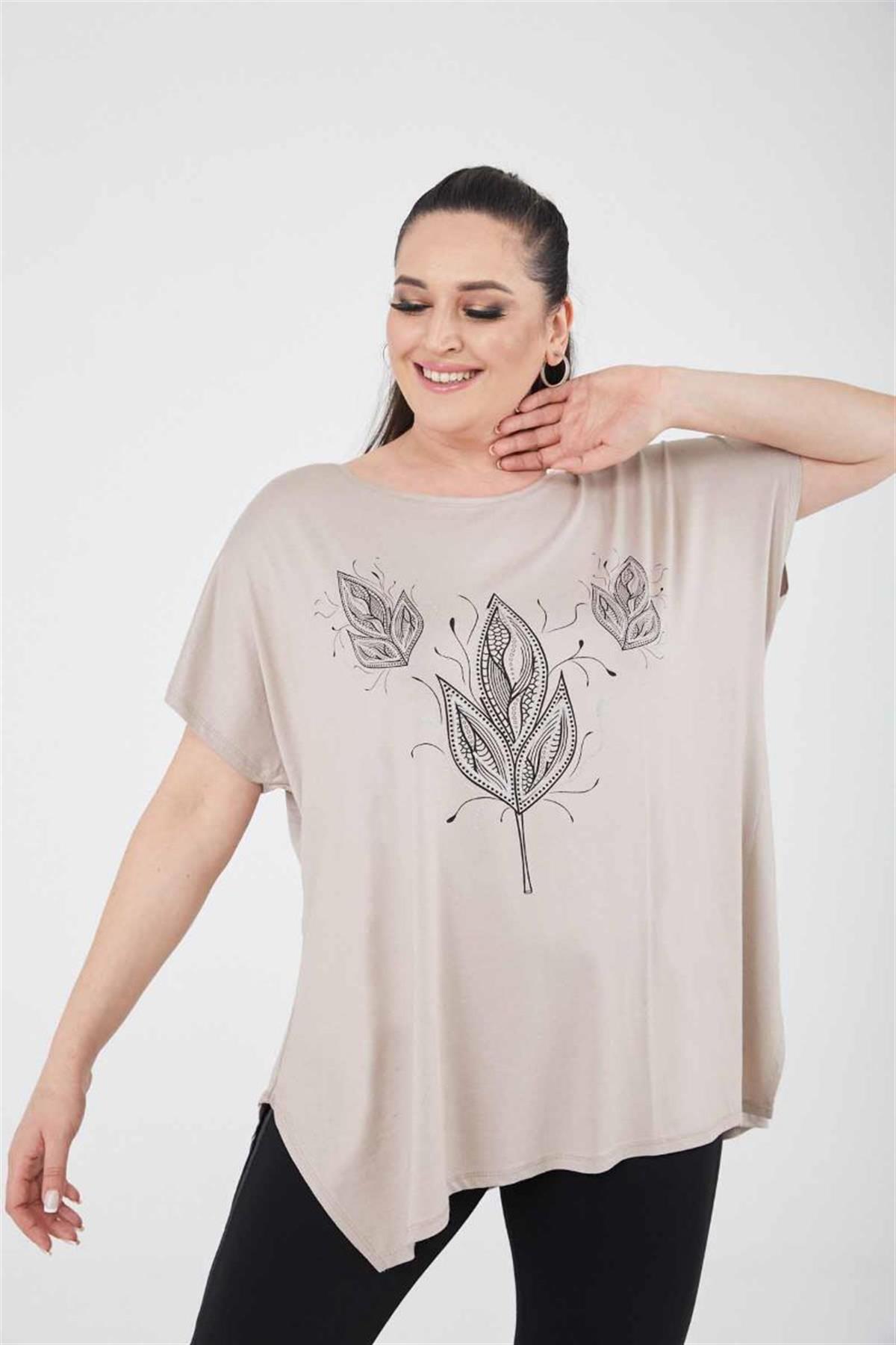 Tshirt Büyük Beden Buğday Baskılı Oversize Pamuklu Likralı T-Shirt Bej