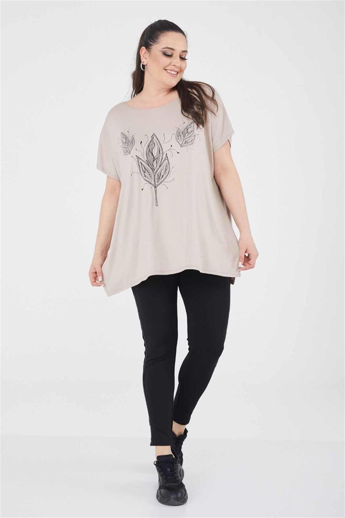 Tshirt Büyük Beden Buğday Baskılı Oversize Pamuklu Likralı T-Shirt Bej
