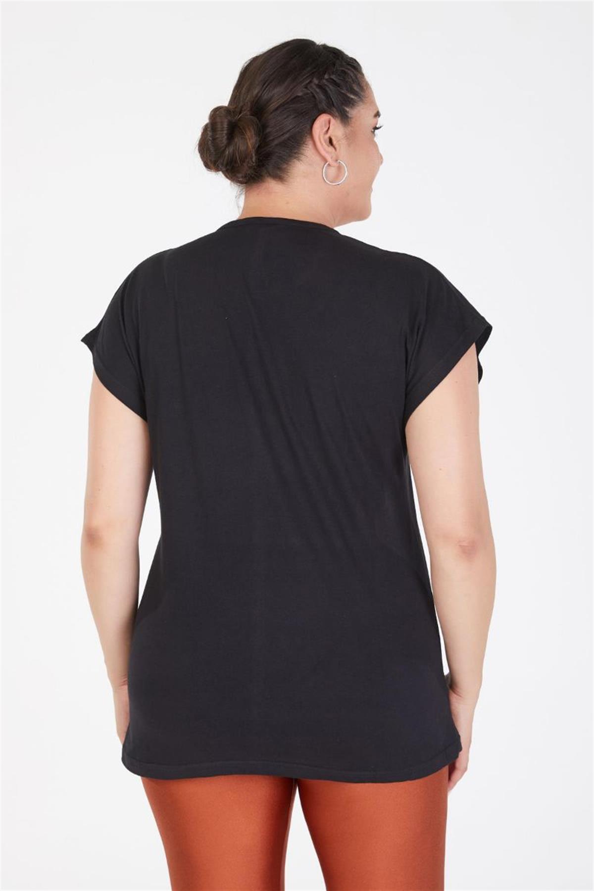 Tshirt Büyük Beden Çanta Baskılı Yarasa Kol T-Shirt Siyah