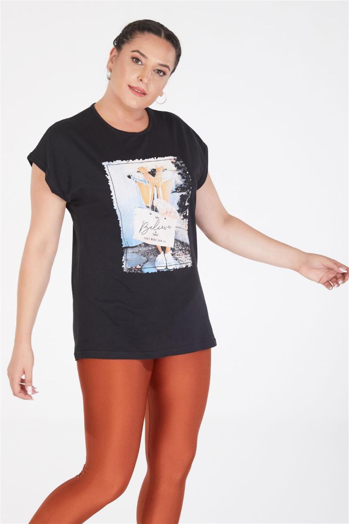 Tshirt Büyük Beden Çanta Baskılı Yarasa Kol T-Shirt Siyah
