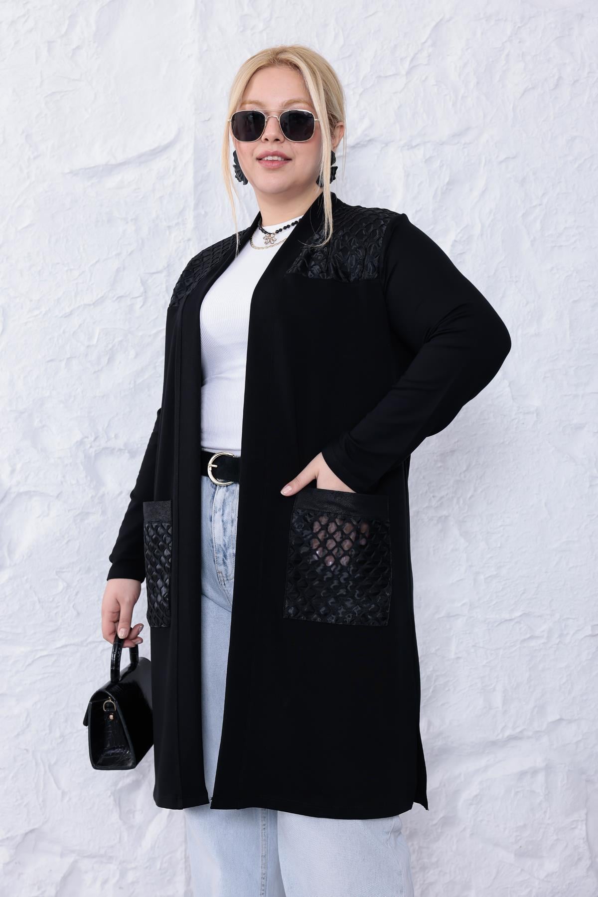 Hırka Büyük Beden Cepleri Organze Tül Detaylı Hırka