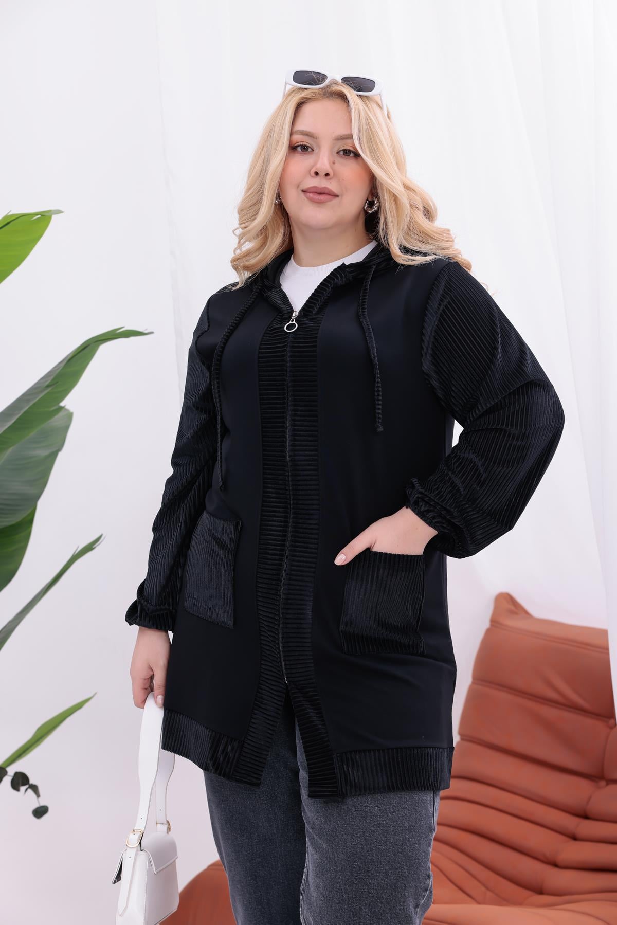 Hırka Büyük Beden Cepli Fitilli Kadife Kumaş Hırka