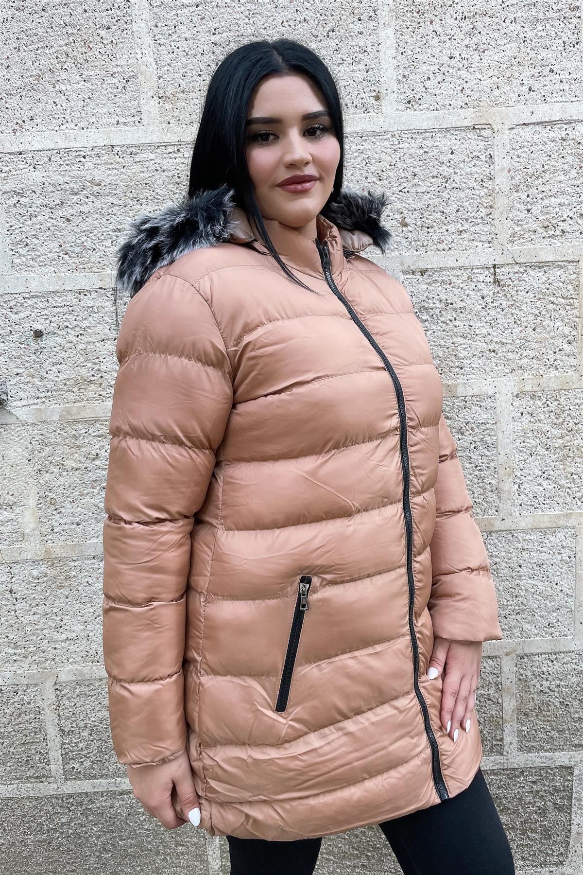 Mont Büyük Beden Cepli Kapüşonlu Şişme Mont Taba