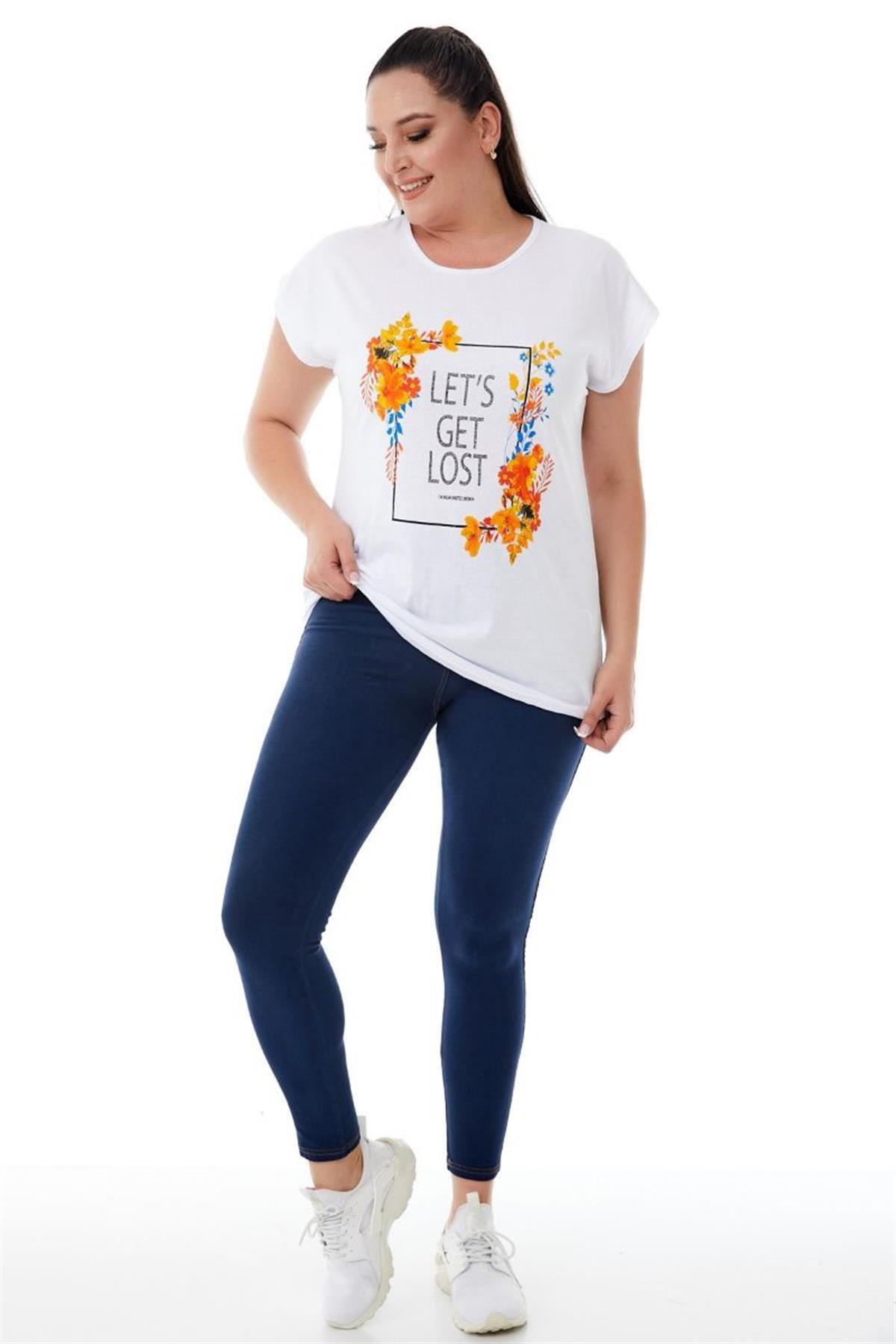 Tshirt Büyük Beden Çerçeve Çiçek Baskılı T-Shirt Beyaz