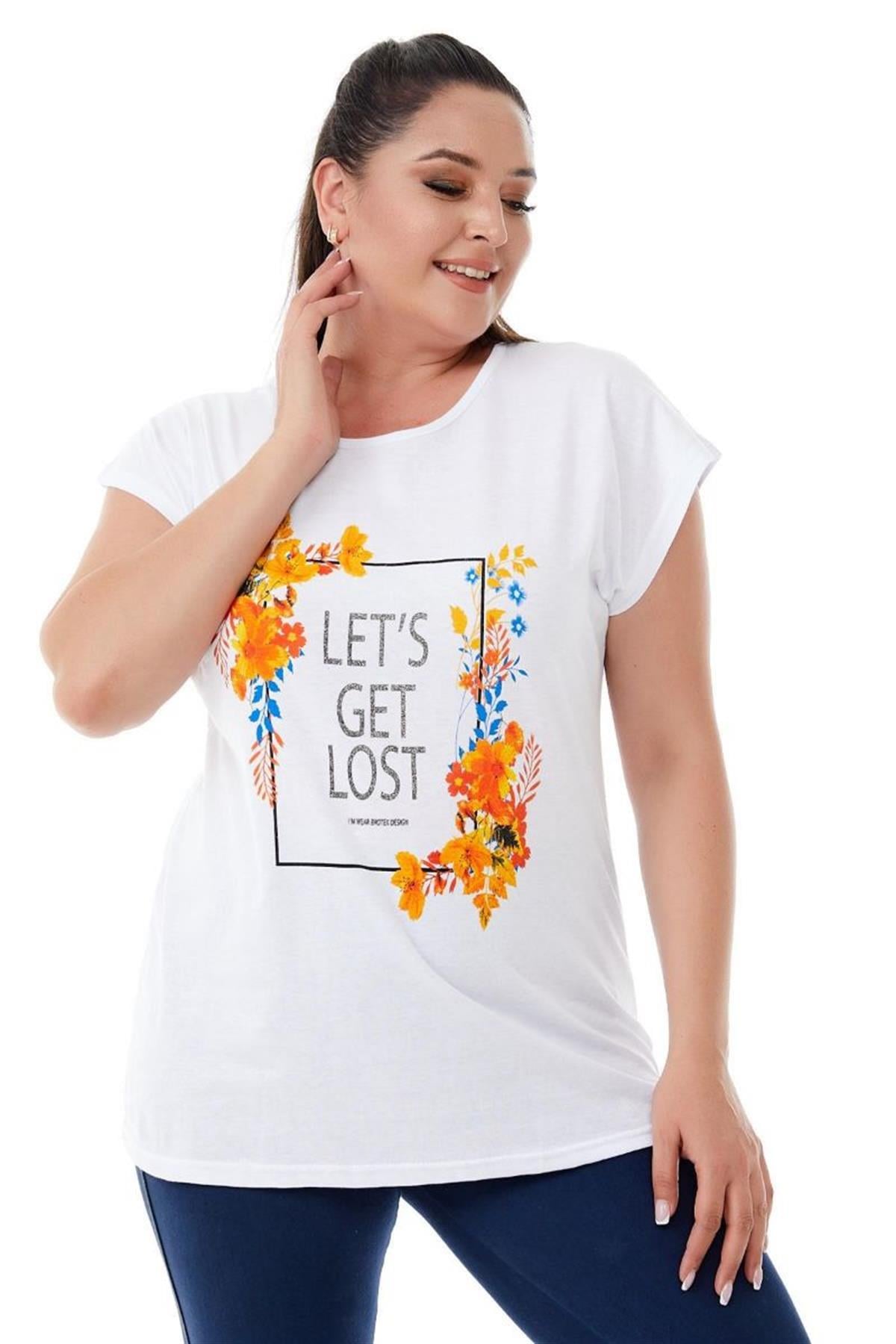 Tshirt Büyük Beden Çerçeve Çiçek Baskılı T-Shirt Beyaz
