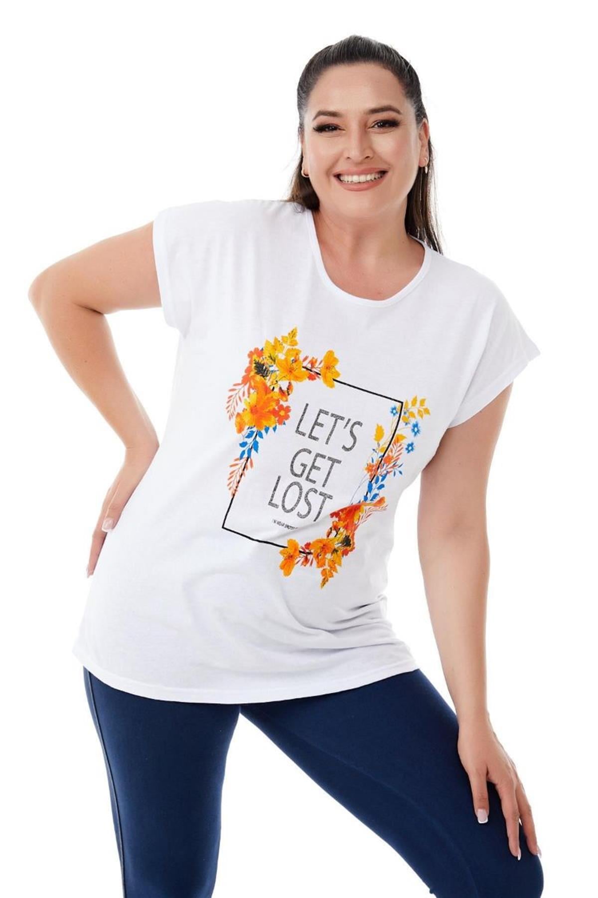 Tshirt Büyük Beden Çerçeve Çiçek Baskılı T-Shirt Beyaz