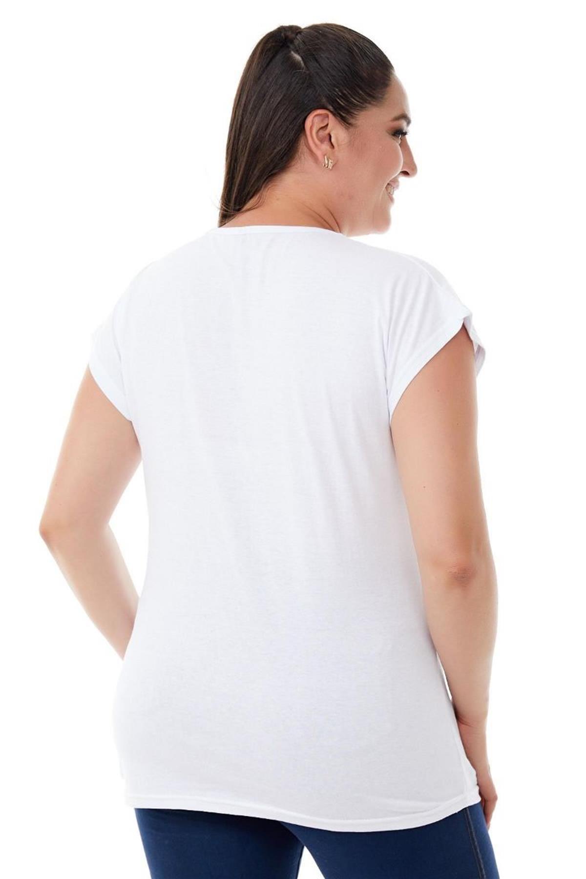 Tshirt Büyük Beden Çerçeve Çiçek Baskılı T-Shirt Beyaz
