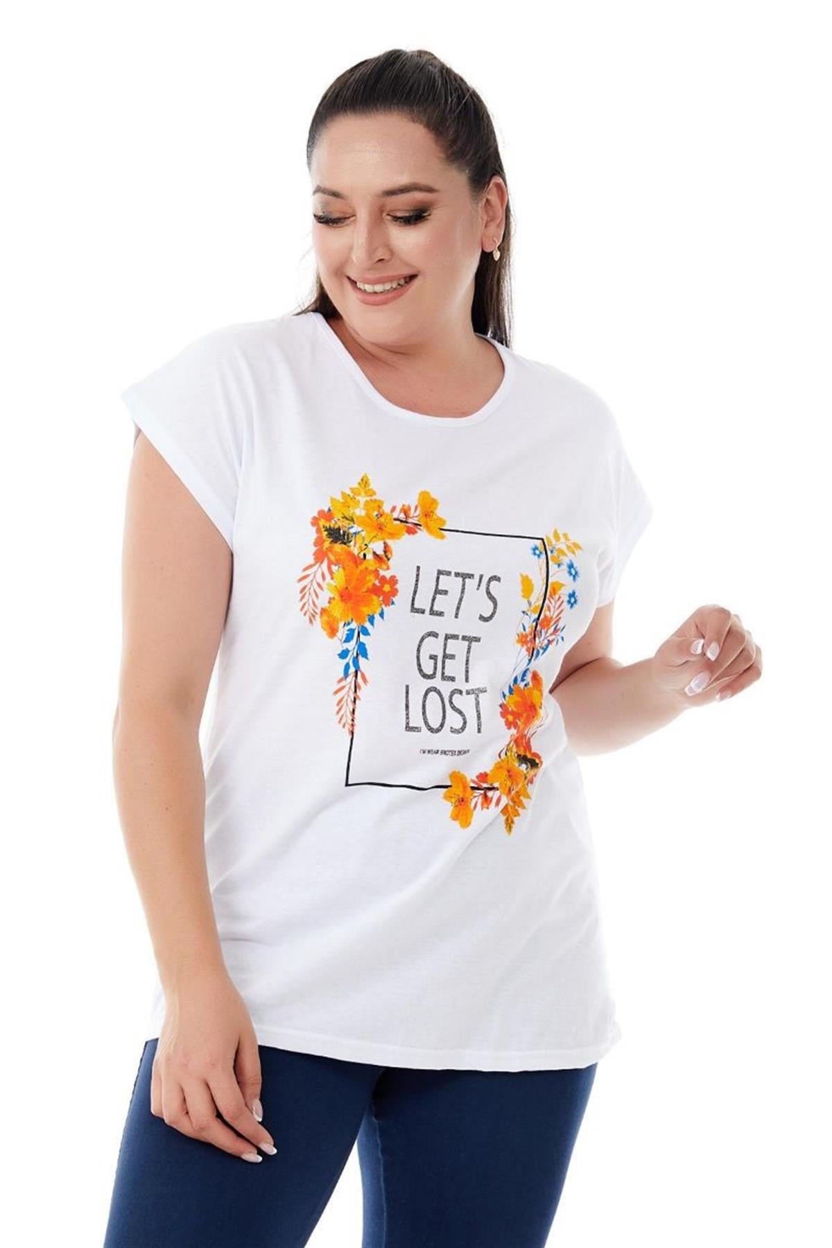 Tshirt Büyük Beden Çerçeve Çiçek Baskılı T-Shirt Beyaz