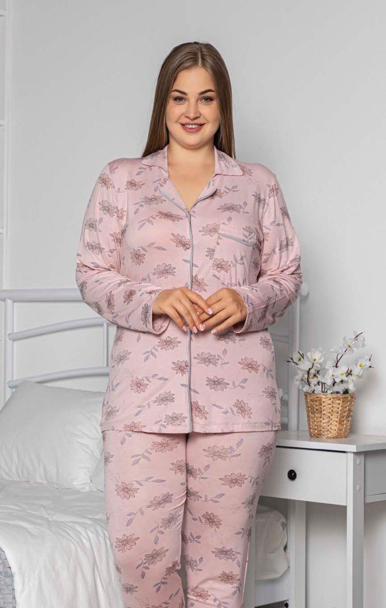 Pijama Takımı Büyük Beden Çicek Baskılı Düğmeli Cepli Maskülen Pijama Takımı Pudra