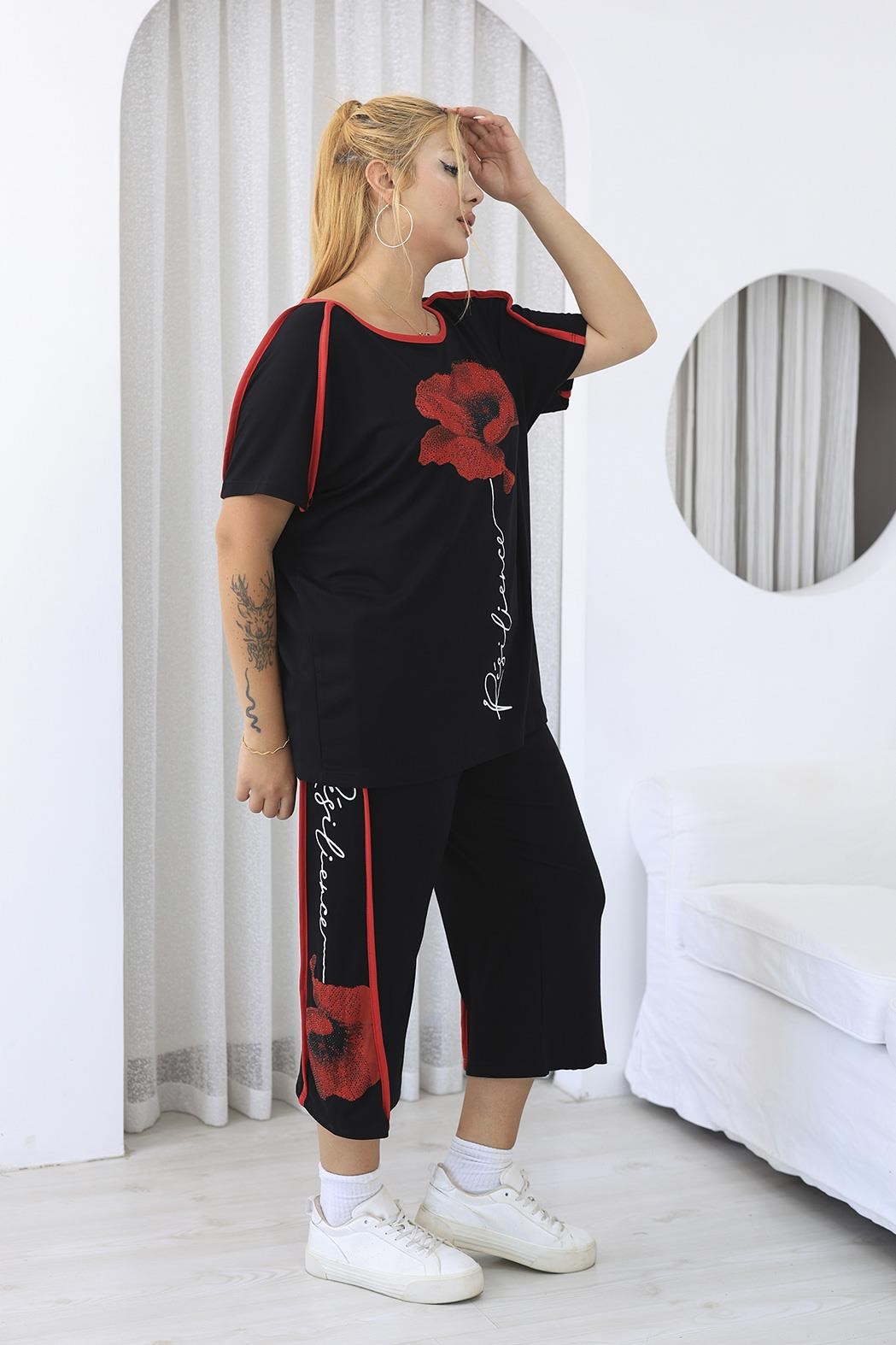 İkili Takım Büyük Beden Çiçek Baskılı Modal Kumaş Takım