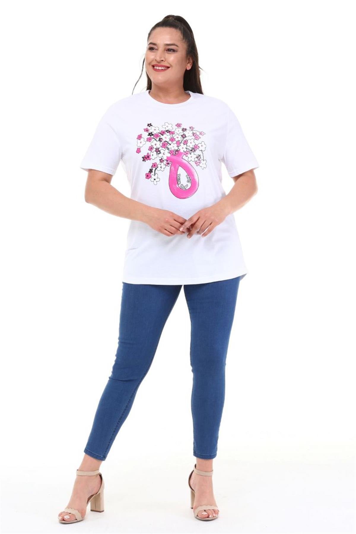 Tshirt Büyük Beden Çiçek Baskılı Yarım Kol T-Shirt Beyaz