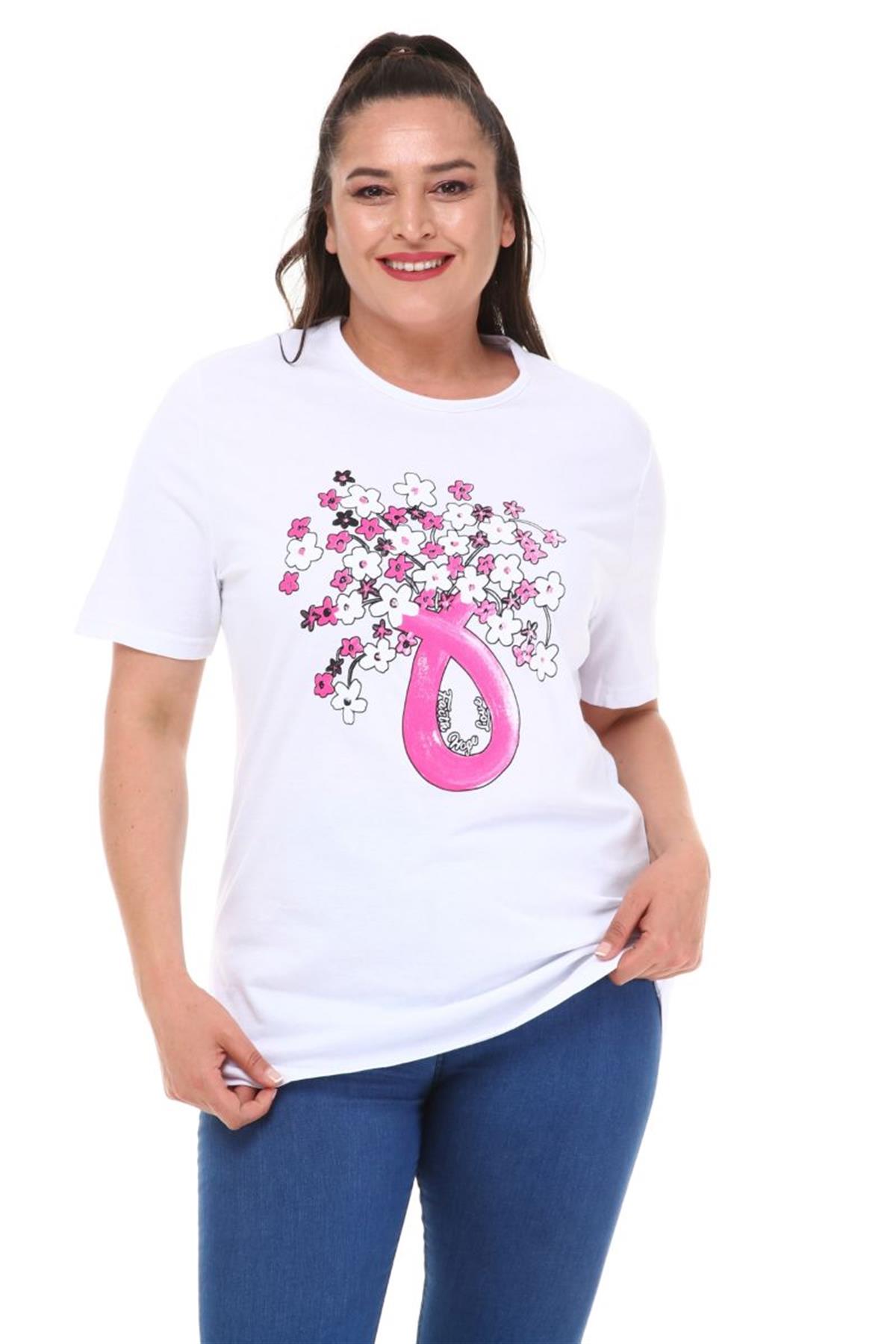 Tshirt Büyük Beden Çiçek Baskılı Yarım Kol T-Shirt Beyaz