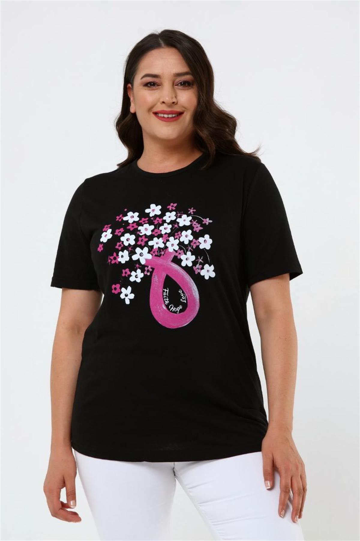 Tshirt Büyük Beden Çiçek Baskılı Yarım Kol T-Shirt Siyah