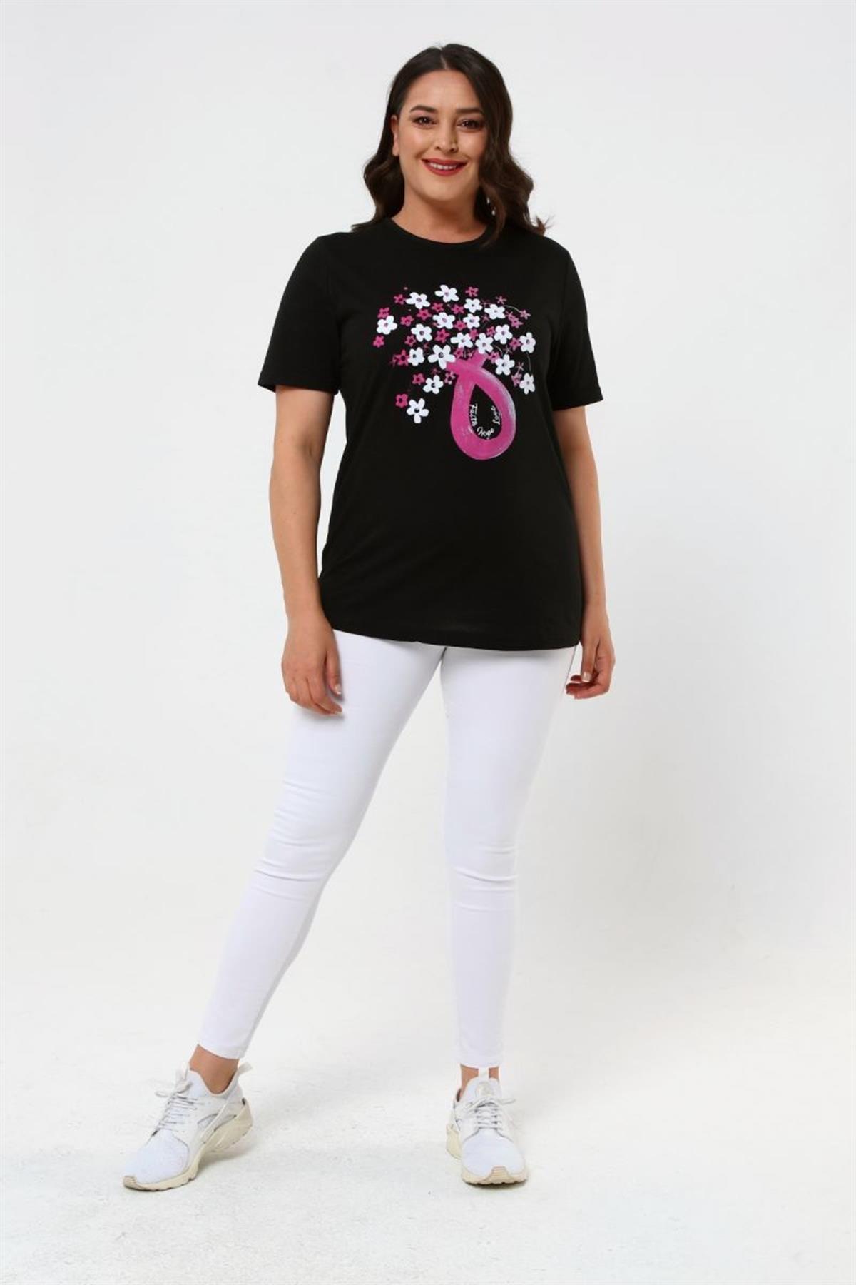 Tshirt Büyük Beden Çiçek Baskılı Yarım Kol T-Shirt Siyah