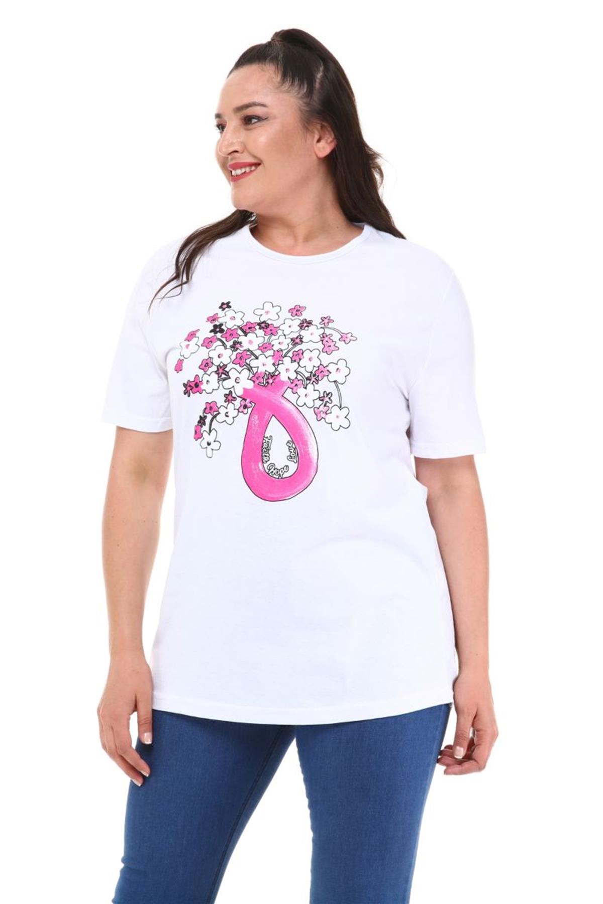 Tshirt Büyük Beden Çiçek Baskılı Yarım Kol T-Shirt Beyaz