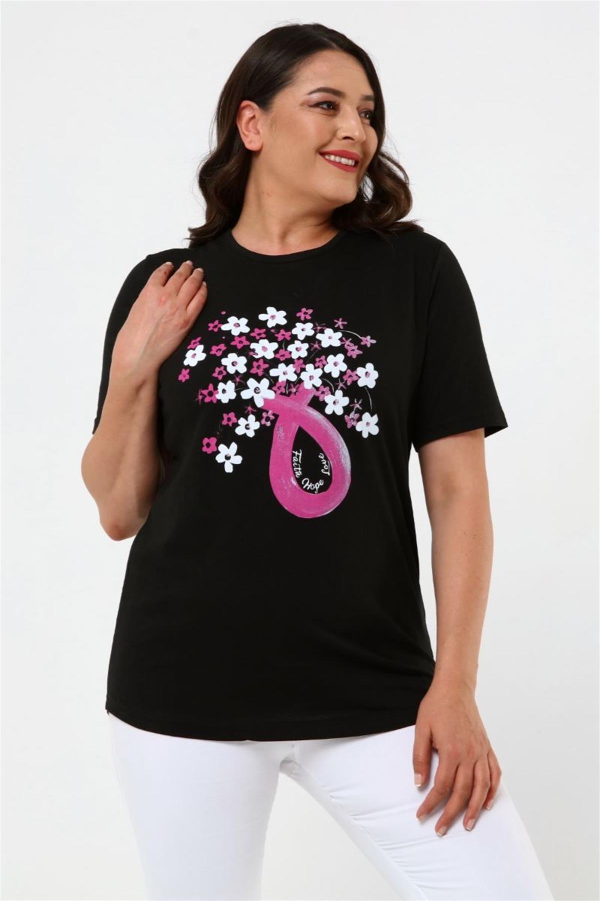 Tshirt Büyük Beden Çiçek Baskılı Yarım Kol T-Shirt Siyah