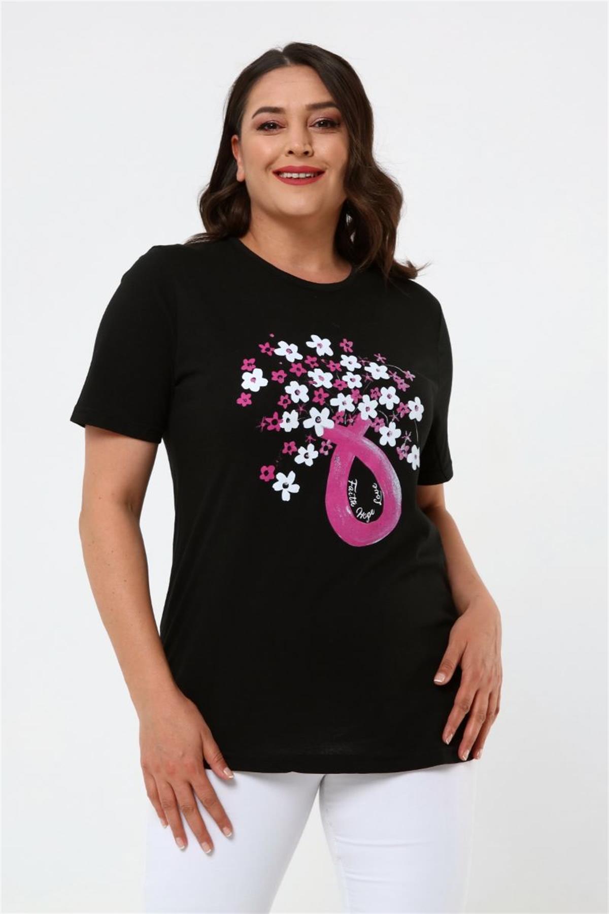 Tshirt Büyük Beden Çiçek Baskılı Yarım Kol T-Shirt Siyah