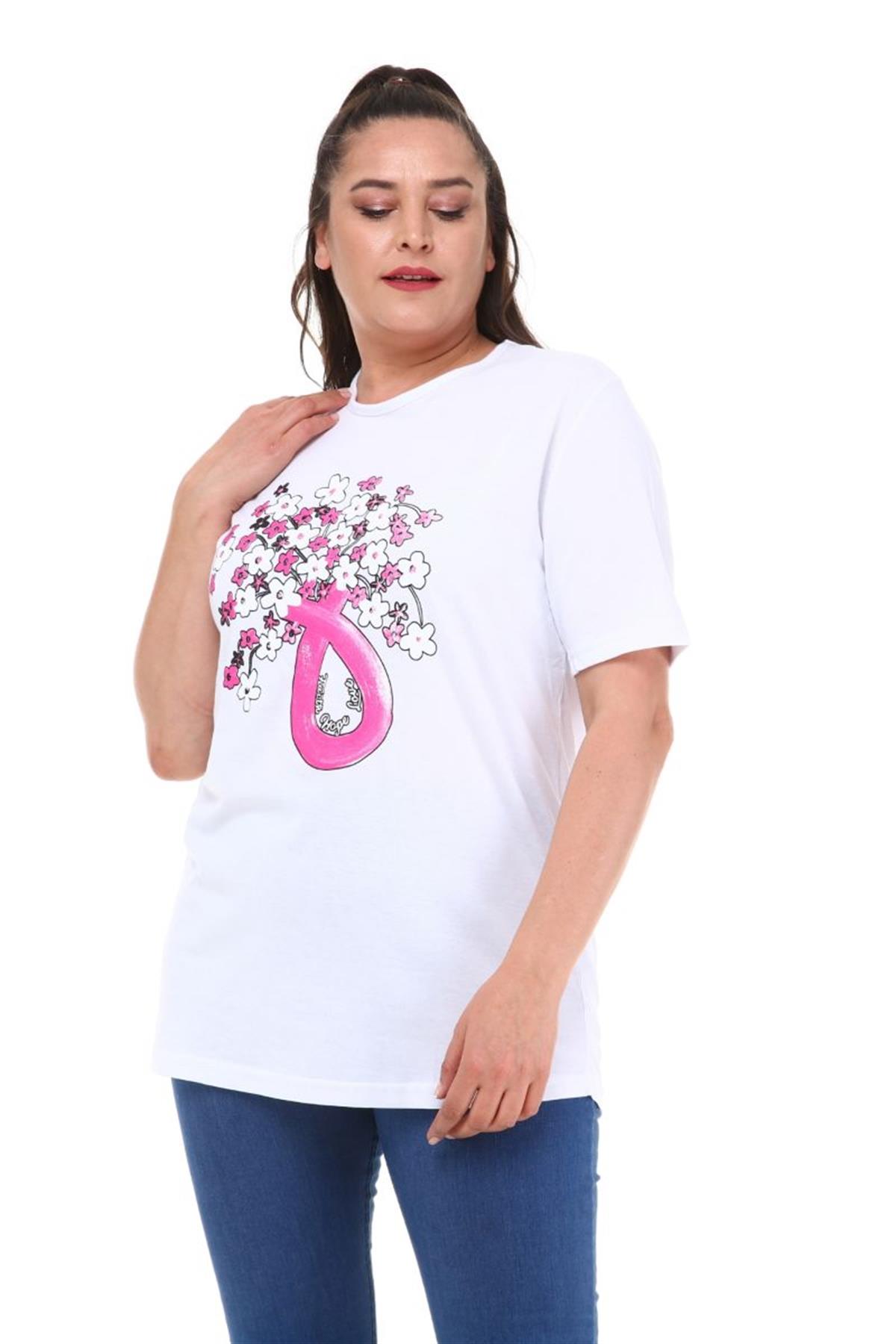 Tshirt Büyük Beden Çiçek Baskılı Yarım Kol T-Shirt Beyaz