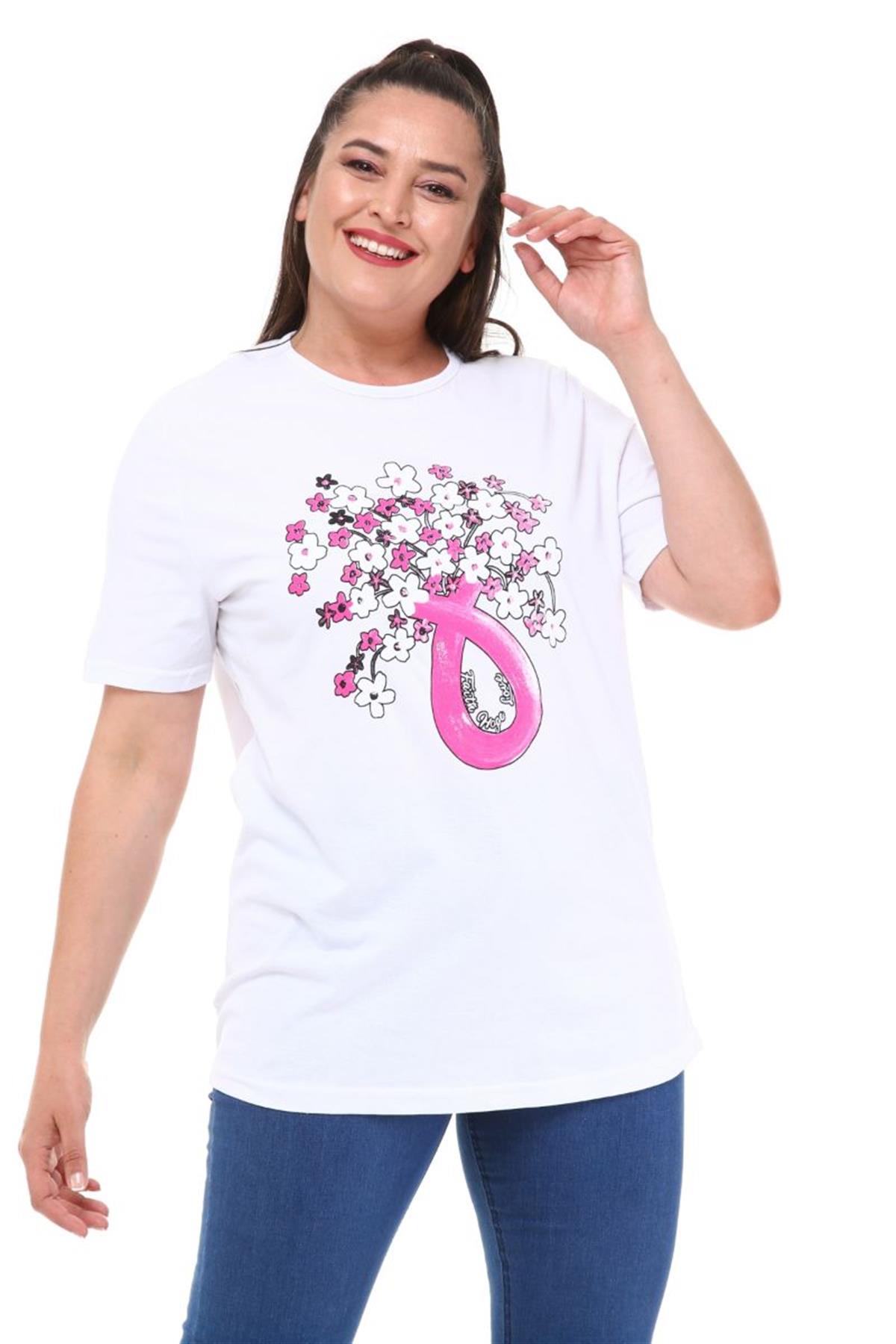 Tshirt Büyük Beden Çiçek Baskılı Yarım Kol T-Shirt Beyaz