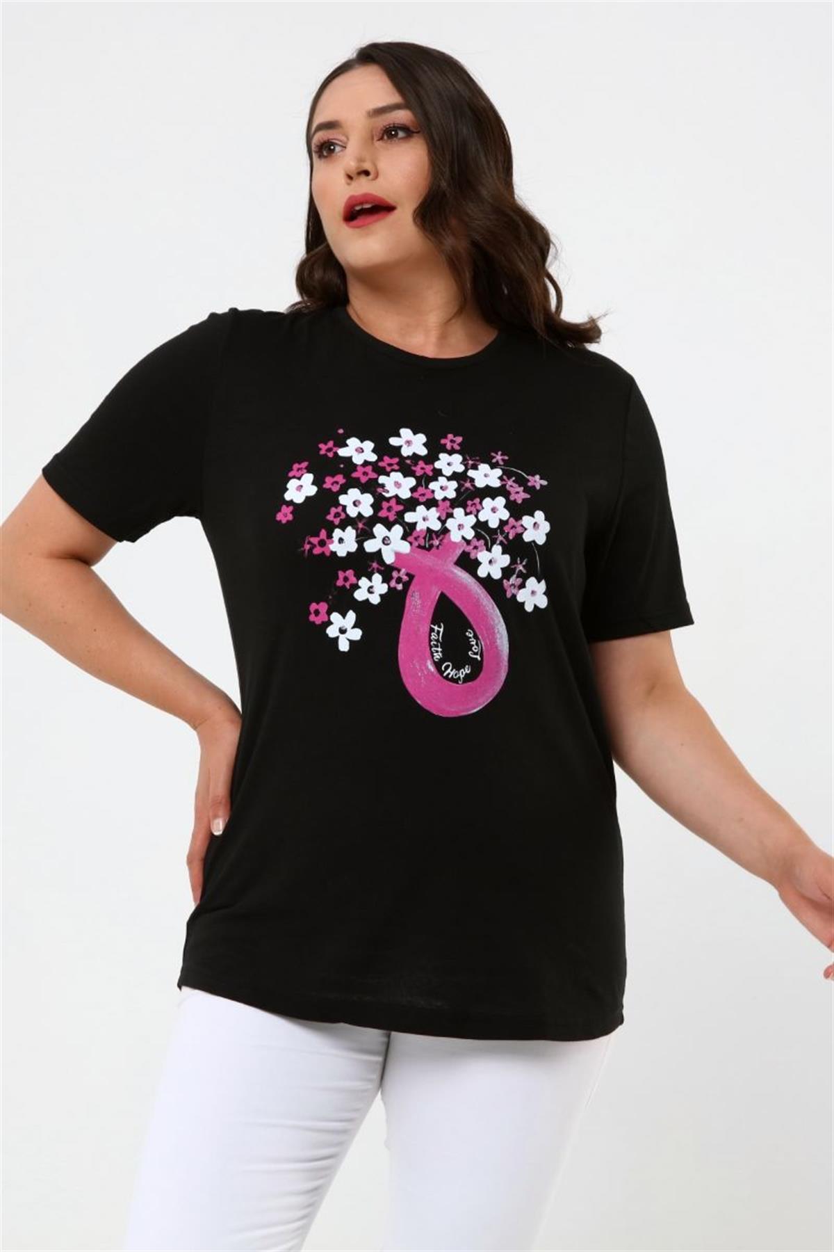 Tshirt Büyük Beden Çiçek Baskılı Yarım Kol T-Shirt Siyah