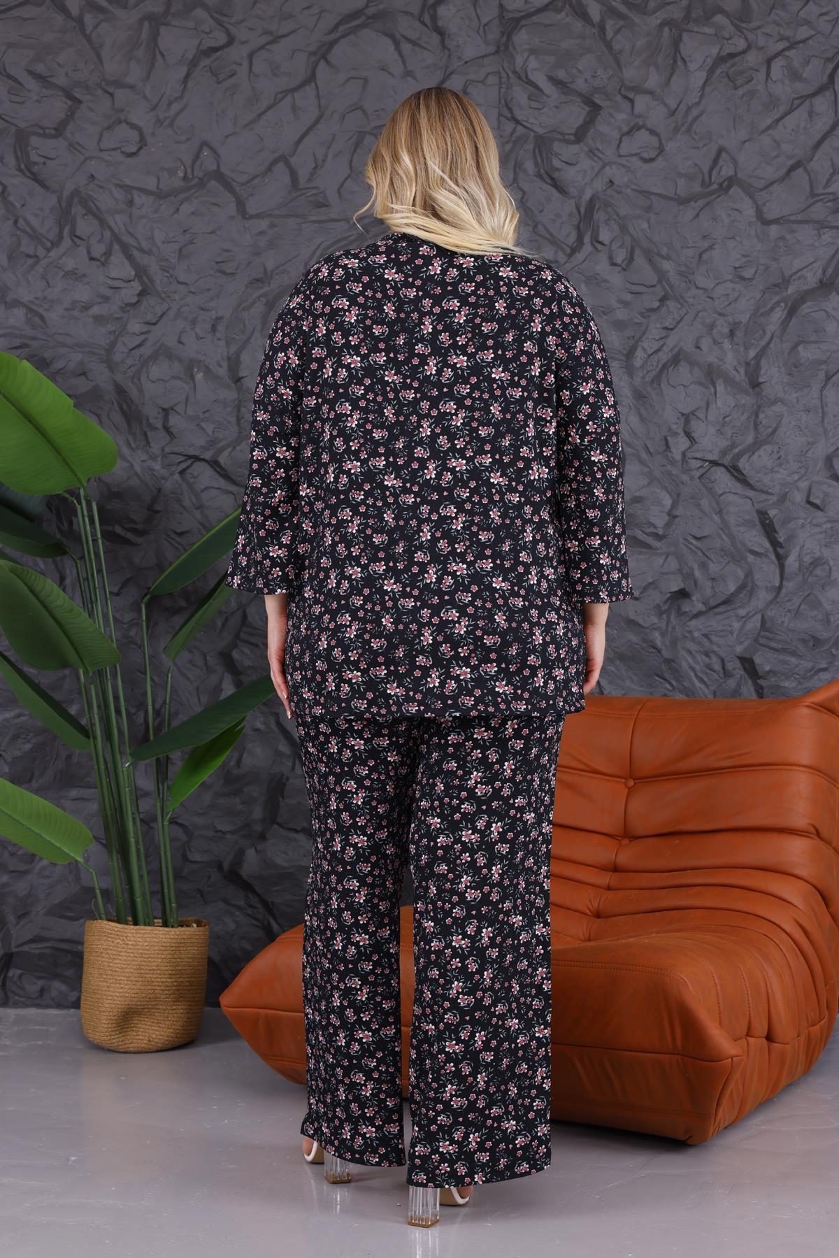 İkili Takım Büyük Beden Çiçek Desen Kimono Takım