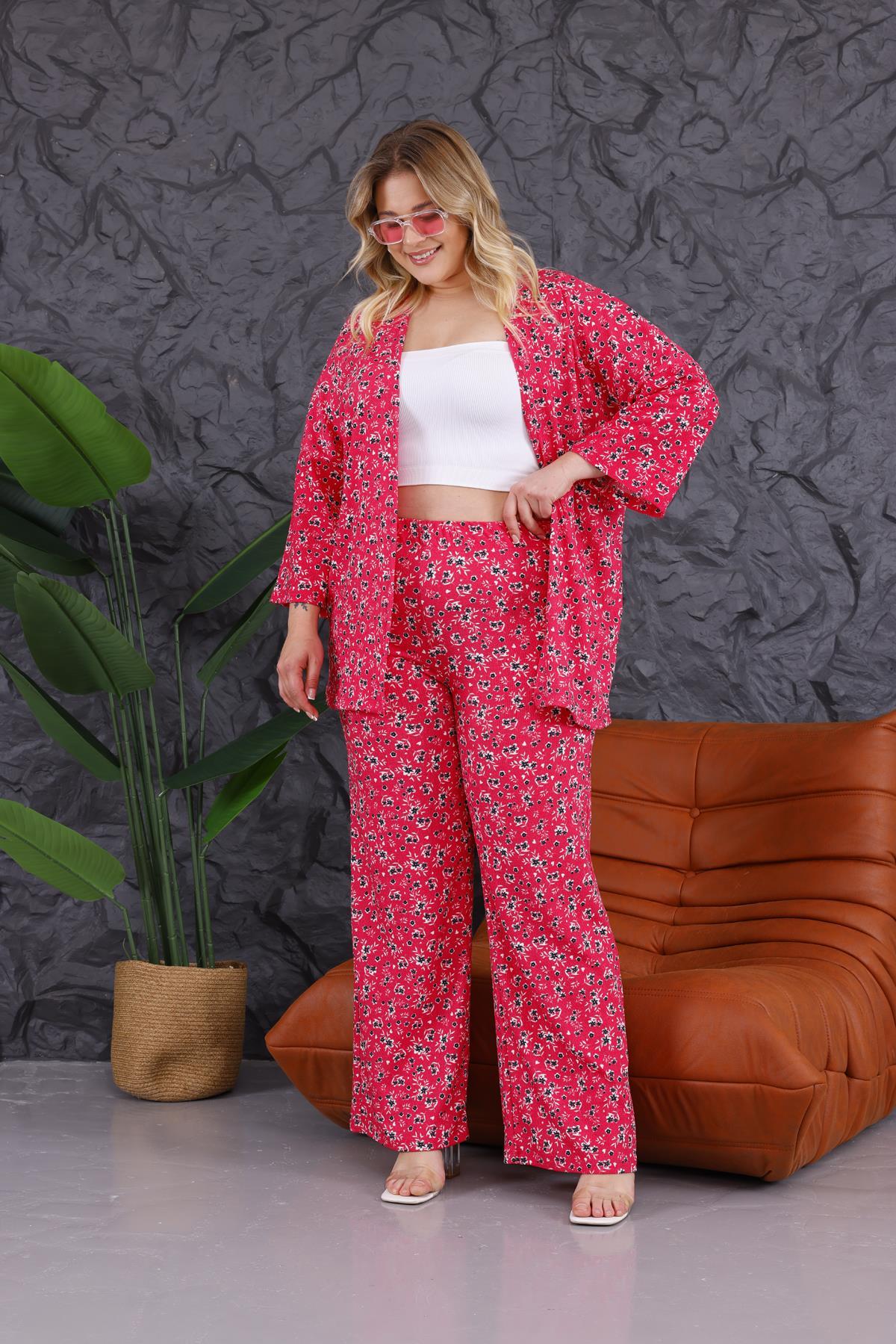 İkili Takım Büyük Beden Çiçek Desen Kimono Takım