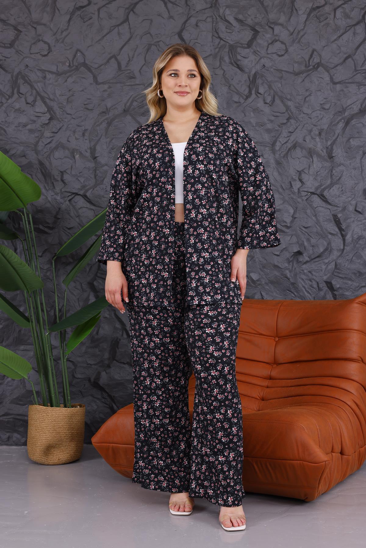 İkili Takım Büyük Beden Çiçek Desen Kimono Takım