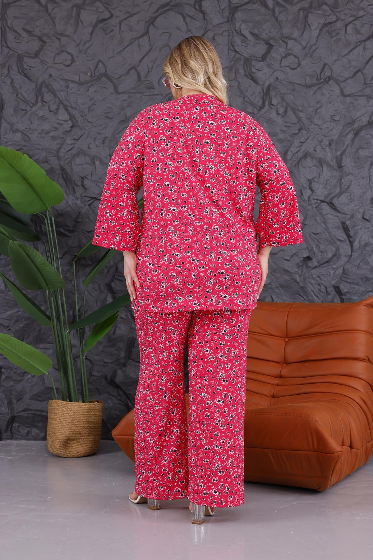 İkili Takım Büyük Beden Çiçek Desen Kimono Takım