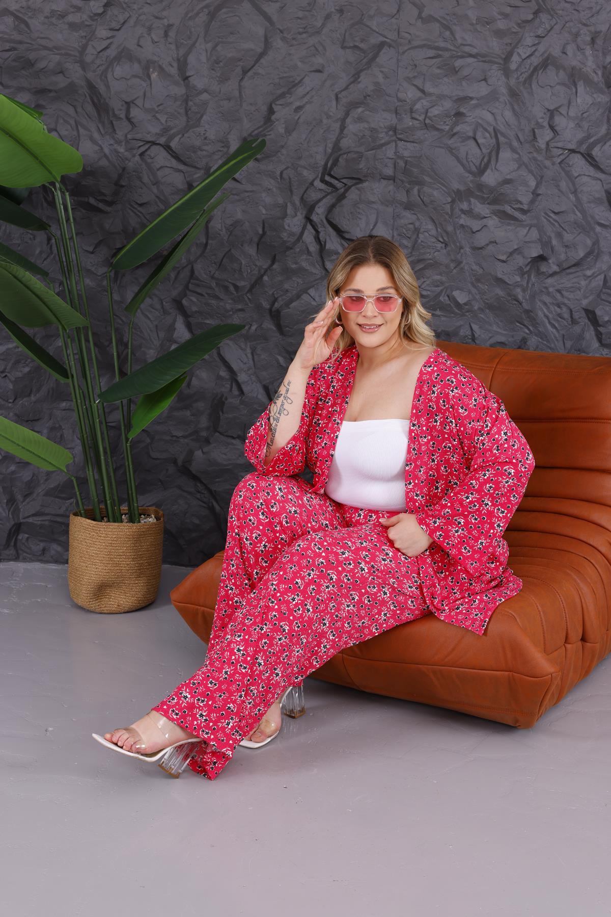 İkili Takım Büyük Beden Çiçek Desen Kimono Takım