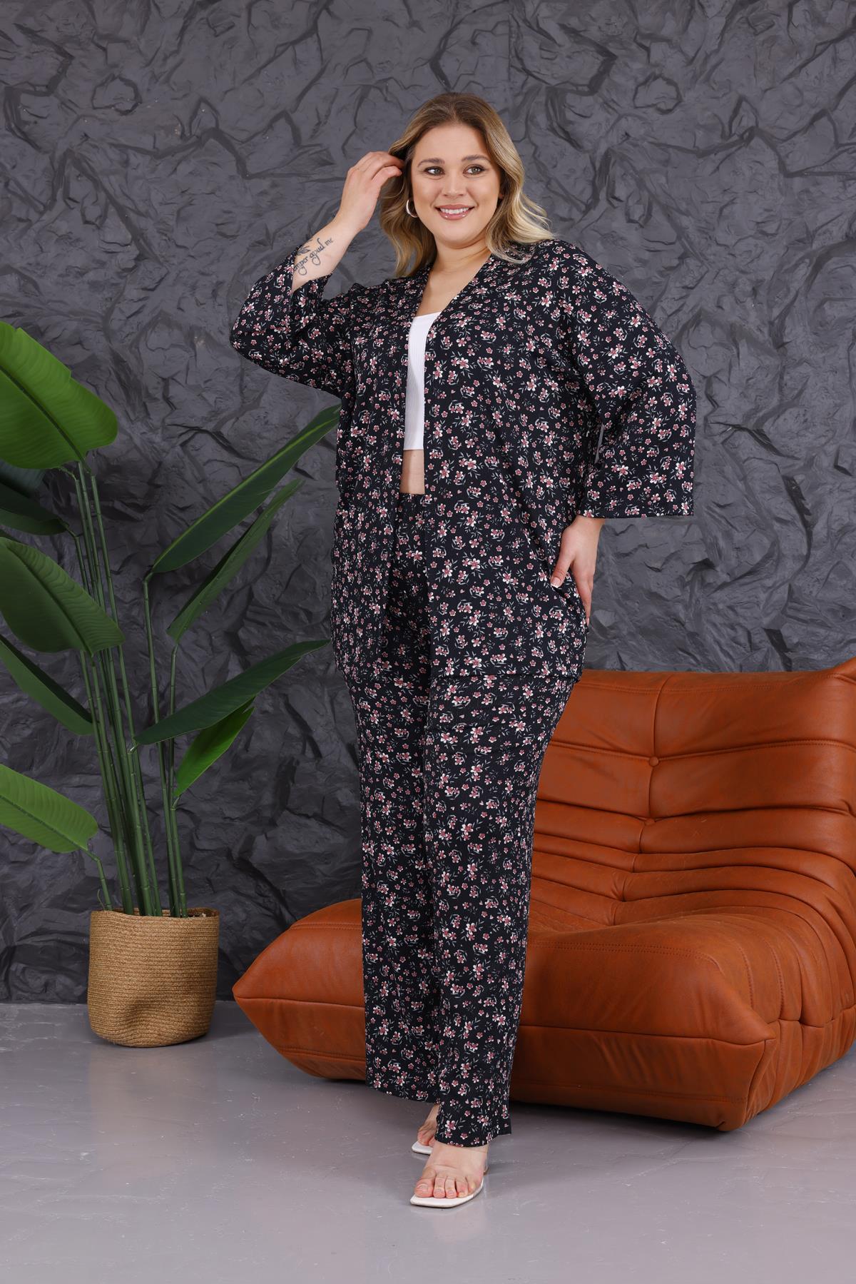 İkili Takım Büyük Beden Çiçek Desen Kimono Takım