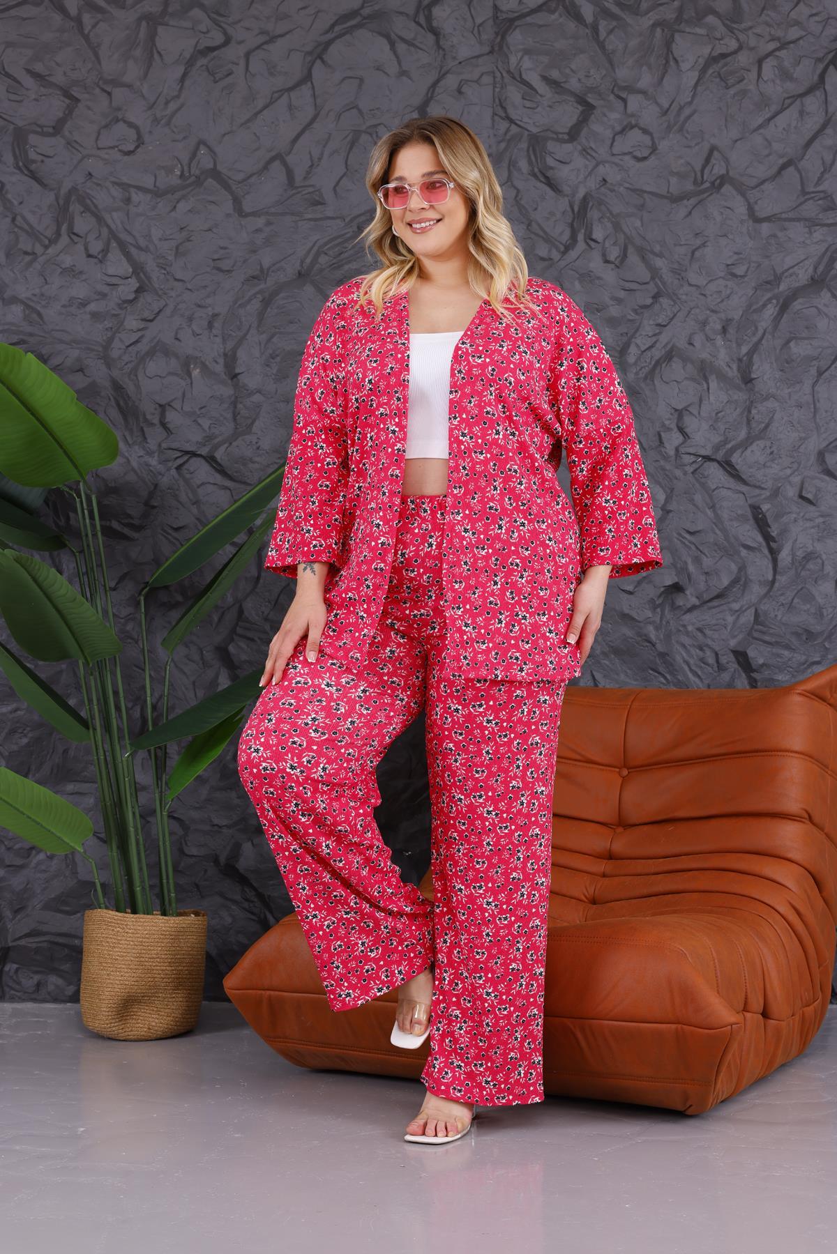 İkili Takım Büyük Beden Çiçek Desen Kimono Takım