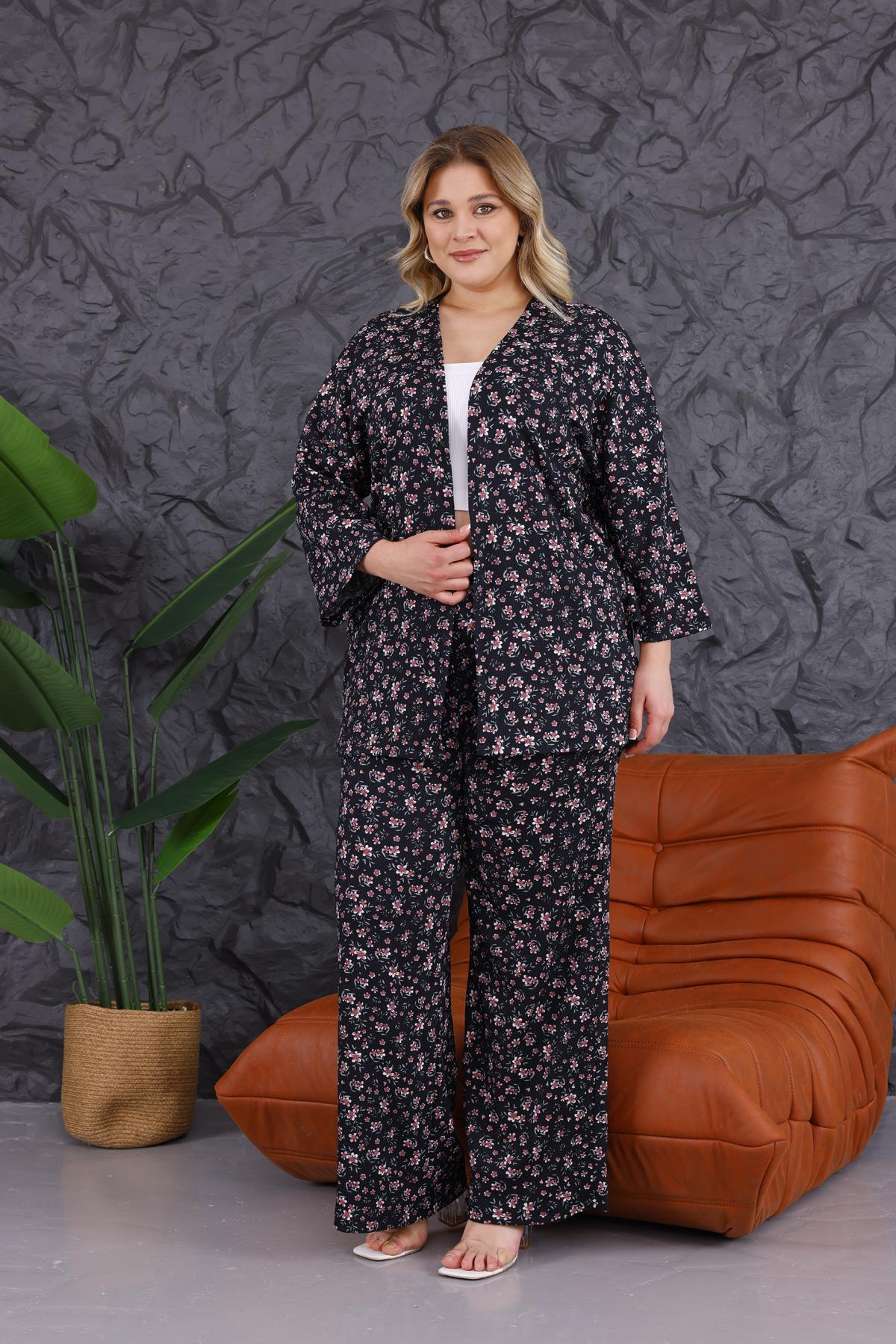 İkili Takım Büyük Beden Çiçek Desen Kimono Takım