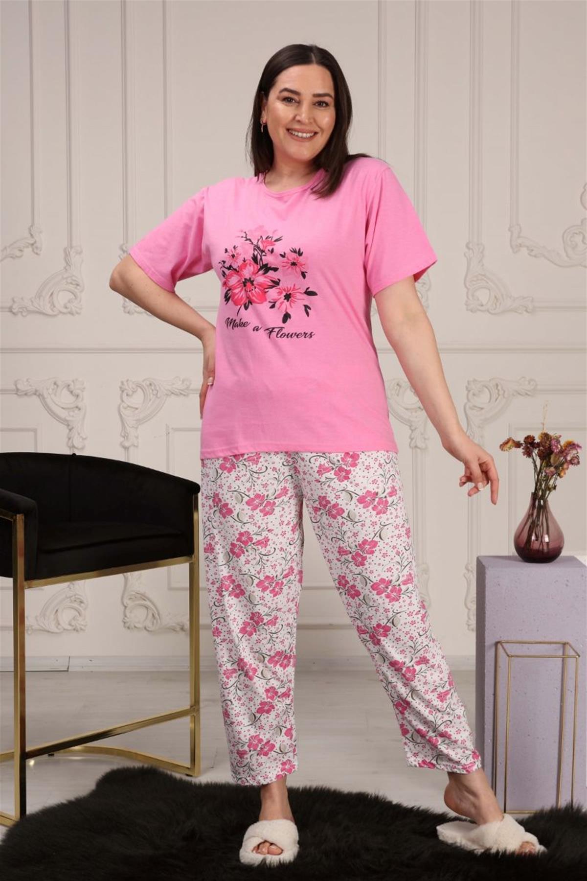 Pijama Takımı Büyük Beden Çiçek Desenli Pijama Takımı Pembe