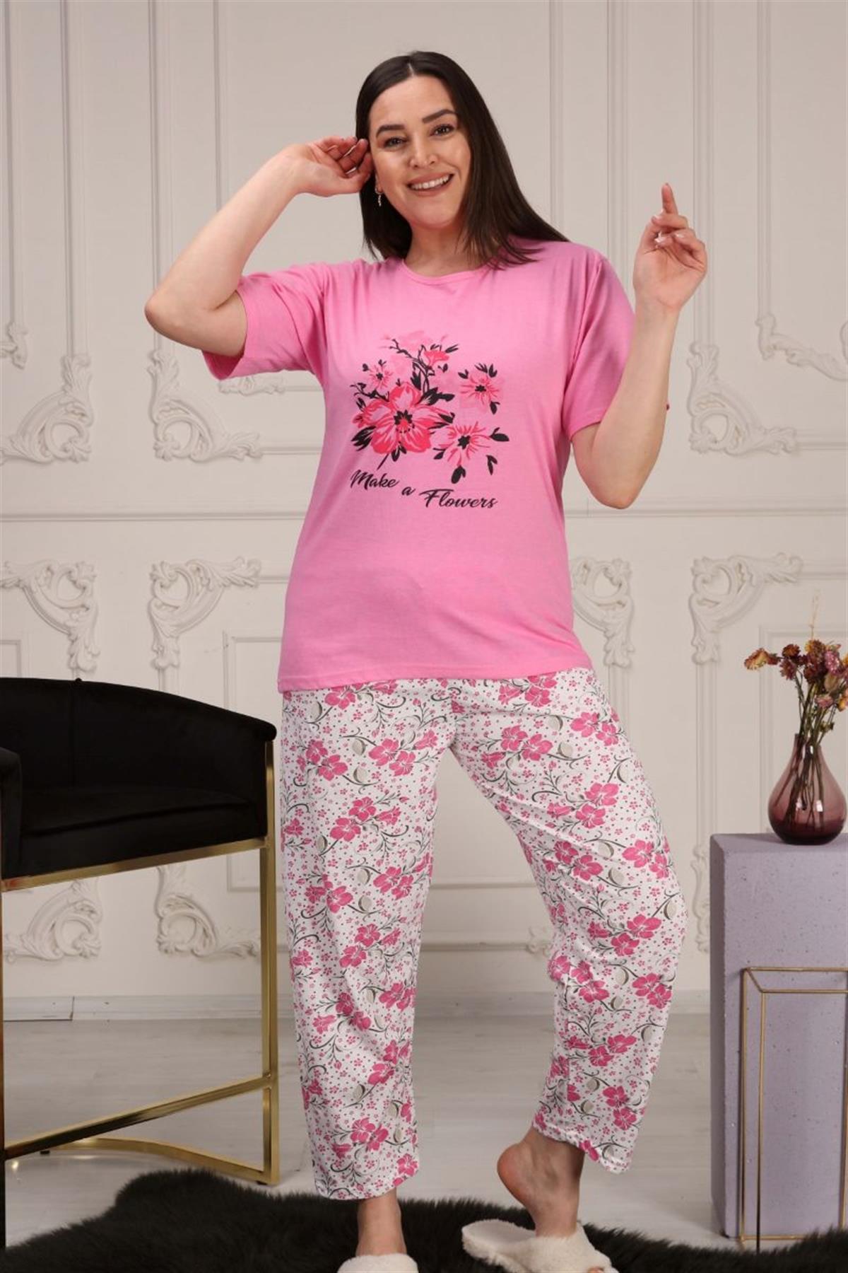 Pijama Takımı Büyük Beden Çiçek Desenli Pijama Takımı Pembe