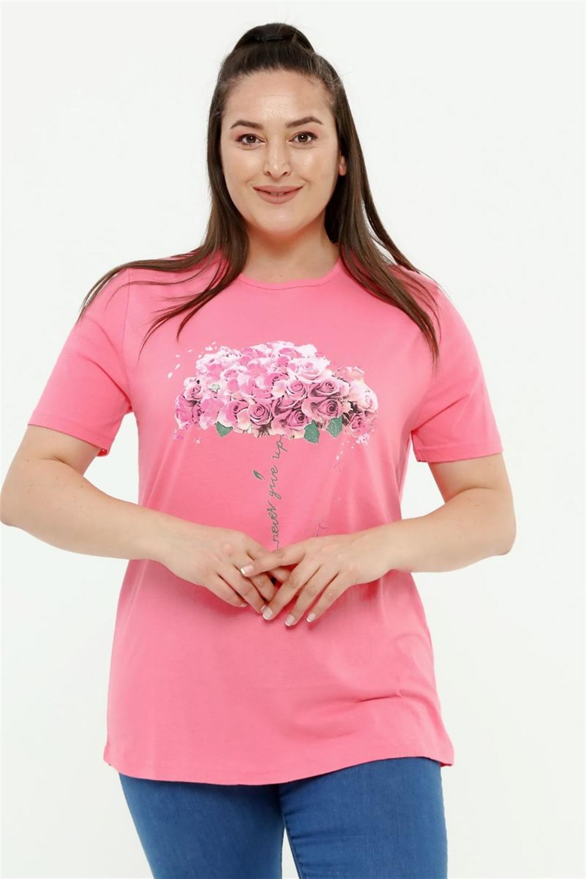 Tshirt Büyük Beden Çiçek Deste Baskılı Bisiklet Yaka T-Shirt Pembe