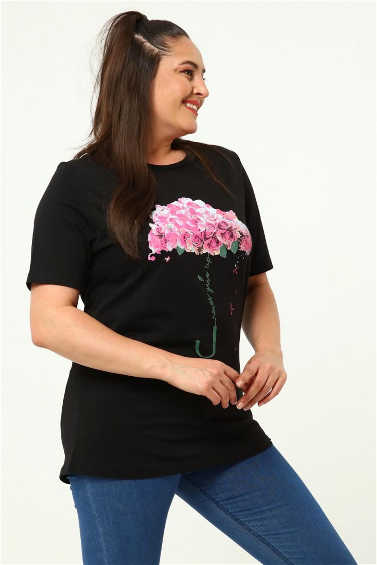 Tshirt Büyük Beden Çiçek Deste Baskılı Bisiklet Yaka T-Shirt Siyah
