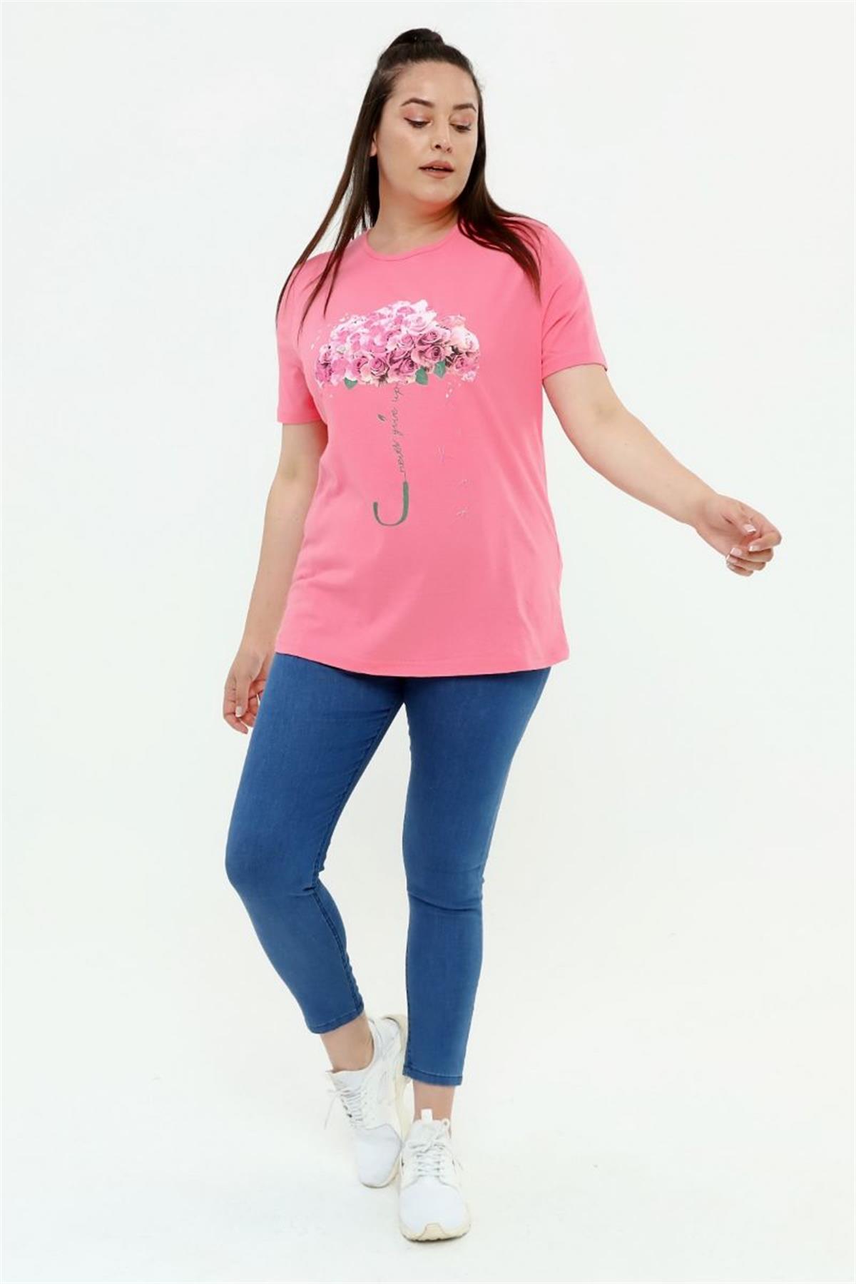 Tshirt Büyük Beden Çiçek Deste Baskılı Bisiklet Yaka T-Shirt Pembe