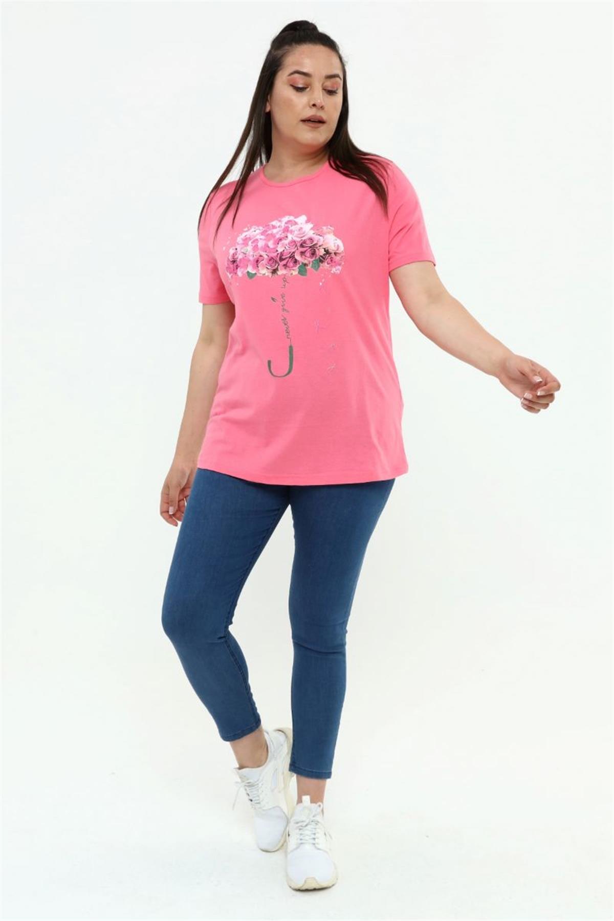 Tshirt Büyük Beden Çiçek Deste Baskılı Bisiklet Yaka T-Shirt Pembe