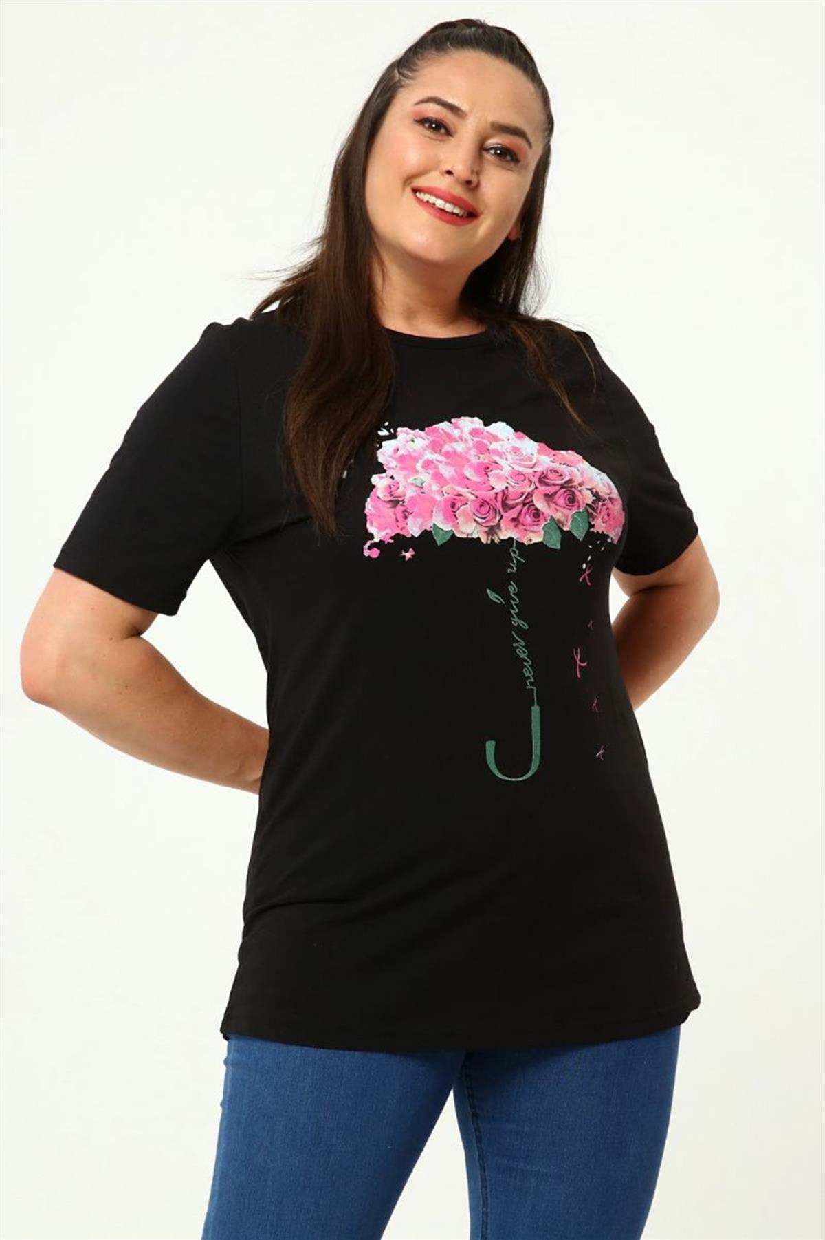 Tshirt Büyük Beden Çiçek Deste Baskılı Bisiklet Yaka T-Shirt Siyah
