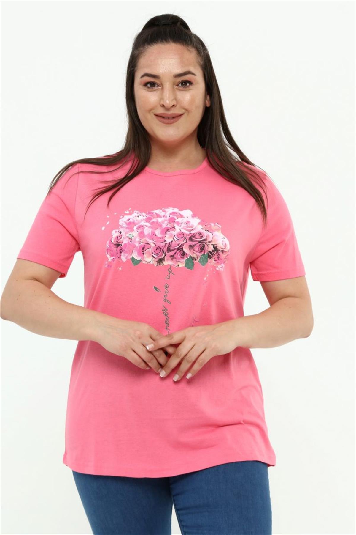Tshirt Büyük Beden Çiçek Deste Baskılı Bisiklet Yaka T-Shirt Pembe