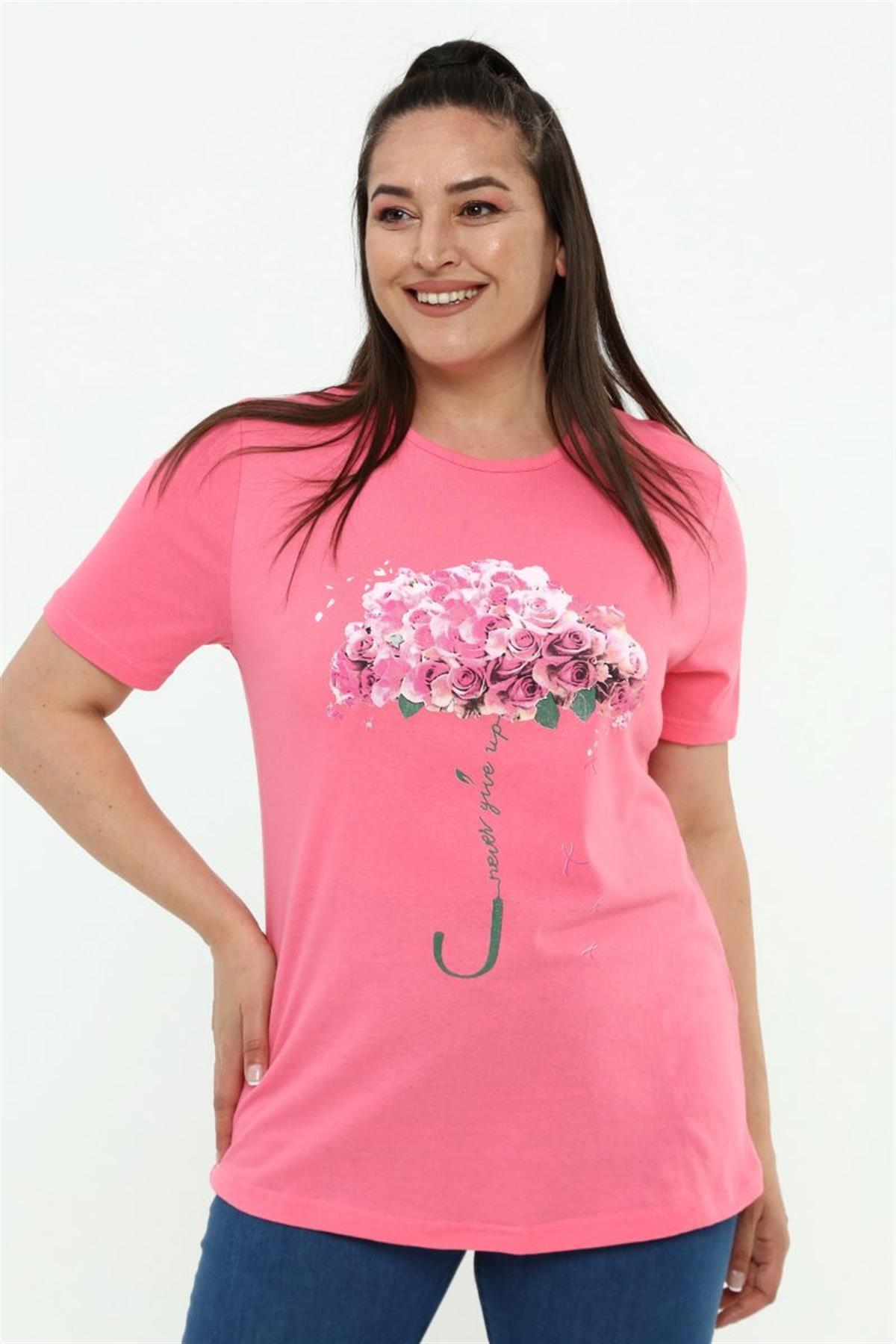Tshirt Büyük Beden Çiçek Deste Baskılı Bisiklet Yaka T-Shirt Pembe